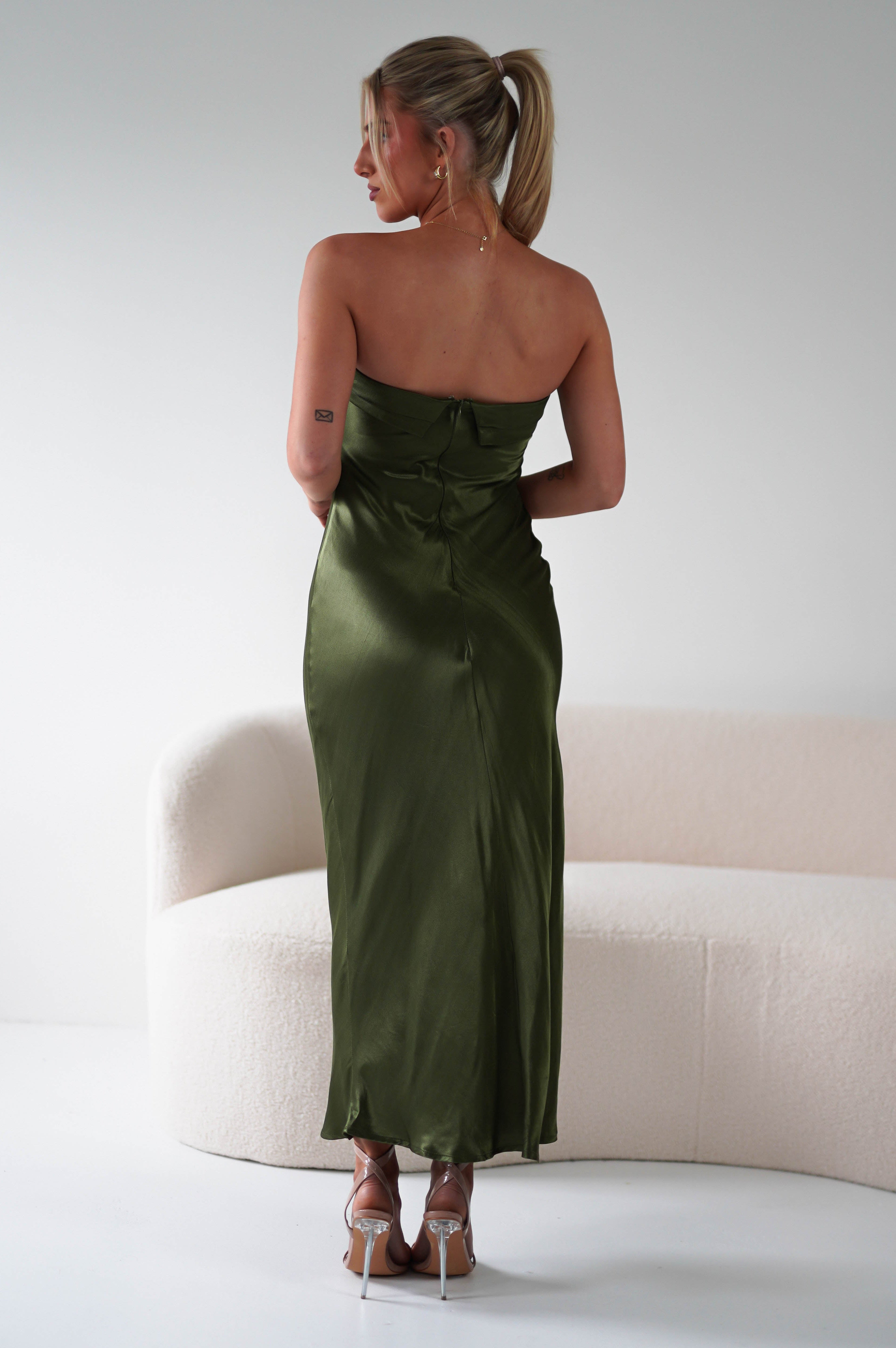 Lucia Soft Satin Slip Midi Dress | Olive | Oh Hello Clothing | XS (6)