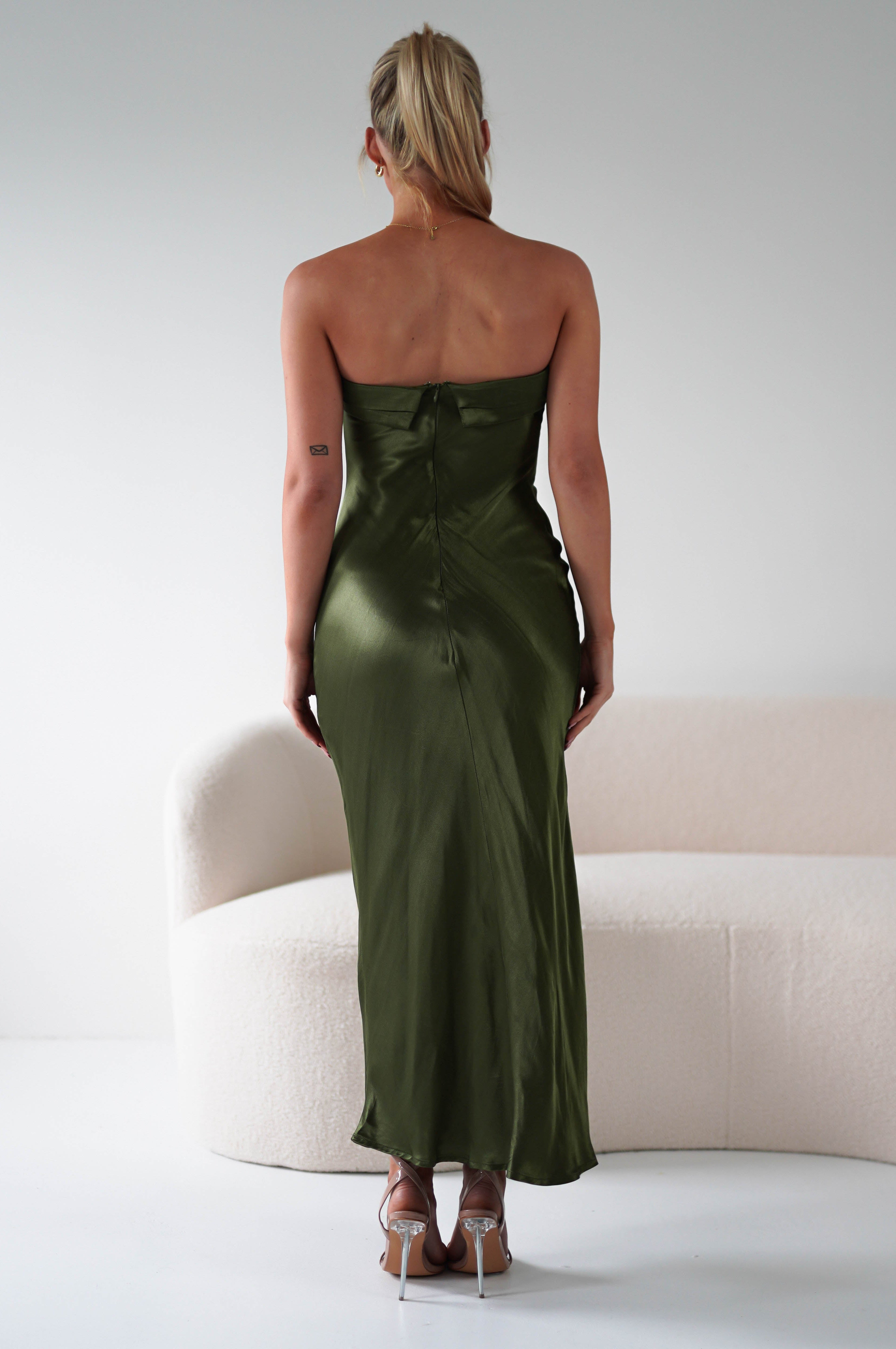 Lucia Soft Satin Slip Midi Dress | Olive | Oh Hello Clothing | XS (6)