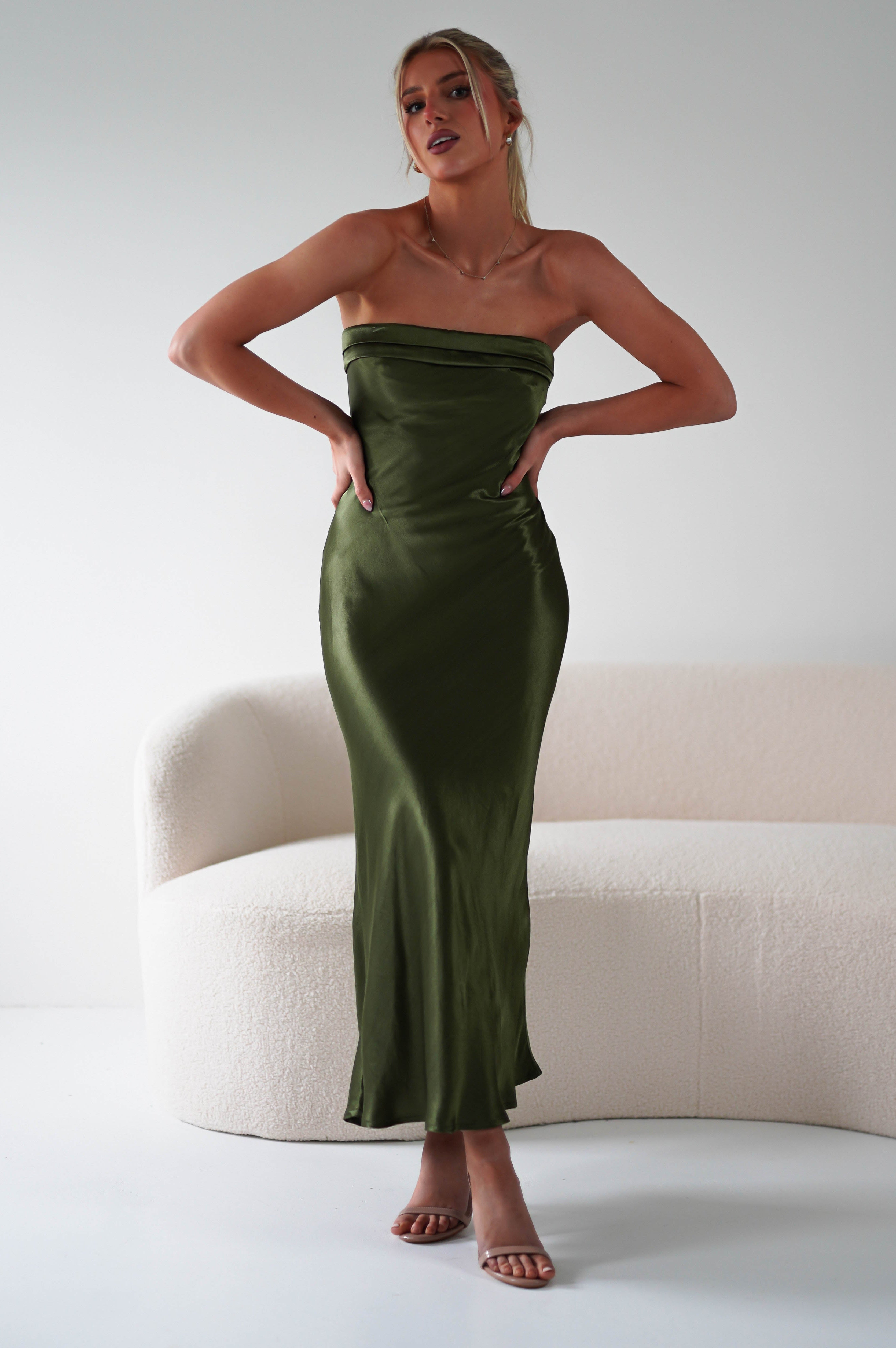 Lucia Soft Satin Slip Midi Dress | Olive | Oh Hello Clothing | XS (6)