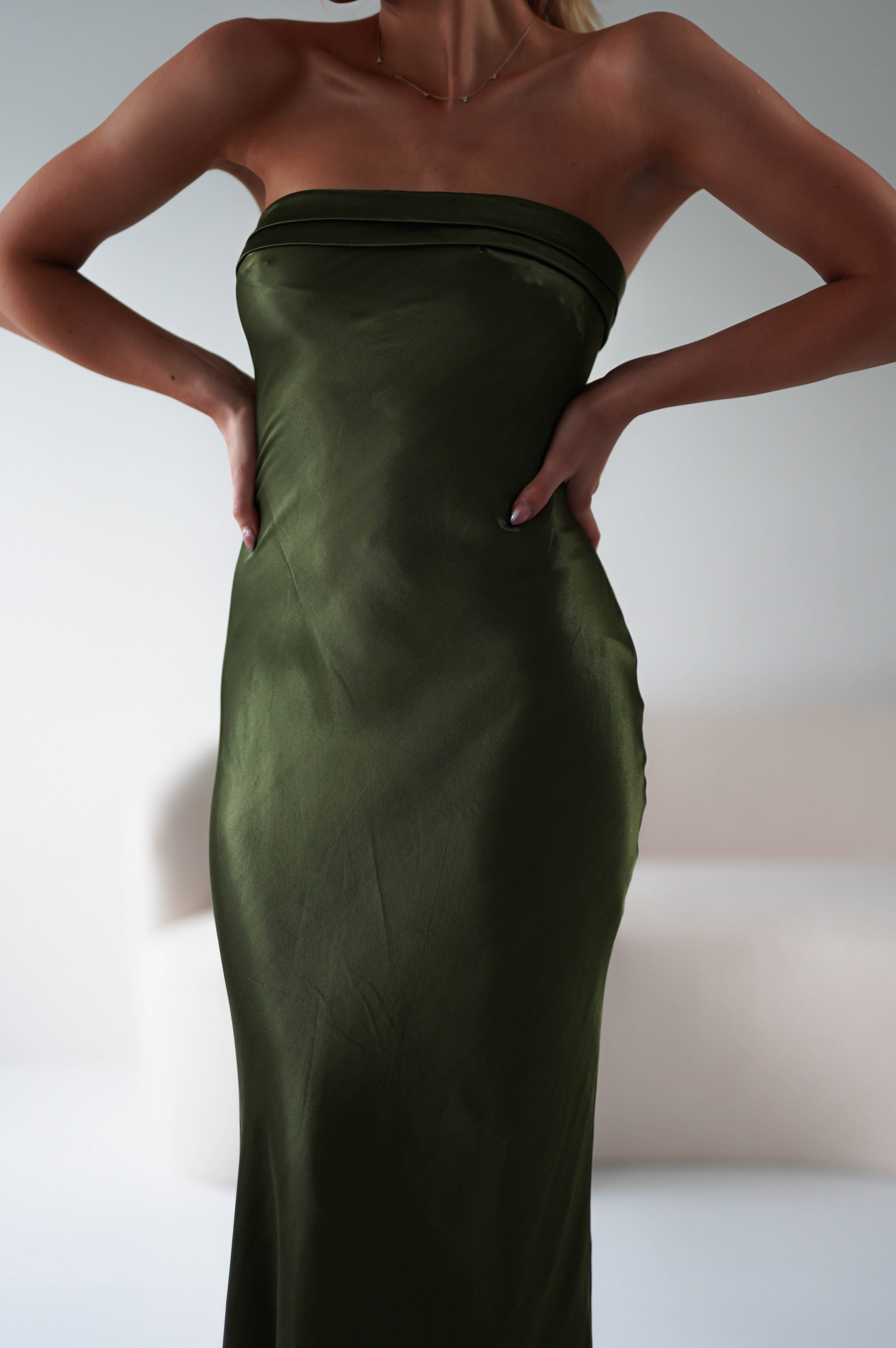 Lucia Soft Satin Slip Midi Dress | Olive | Oh Hello Clothing | XS (6)