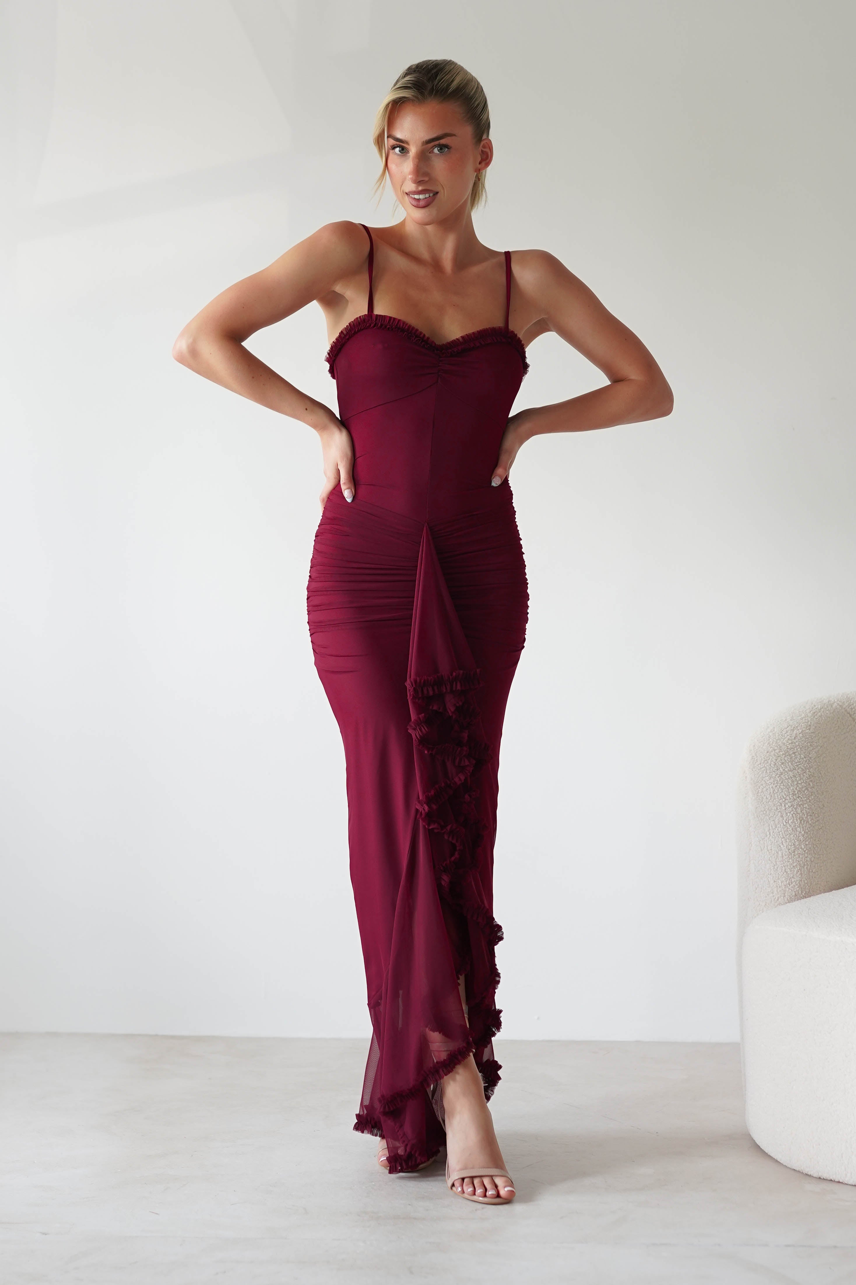 Manuella Mesh Bodycon Midaxi Dress | Burgundy | Oh Hello Clothing | XS (6)