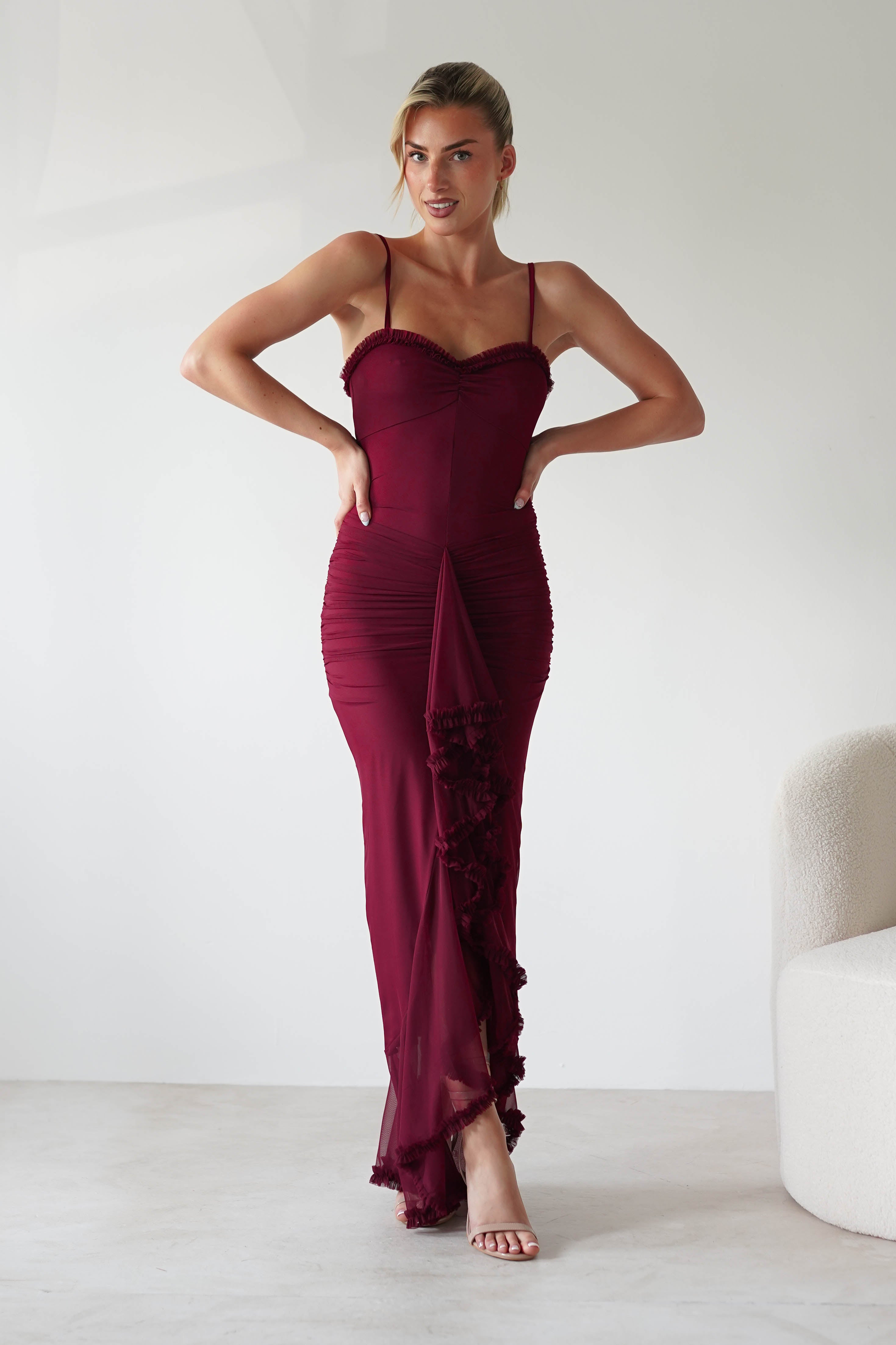 Manuella Mesh Bodycon Midaxi Dress | Burgundy | Oh Hello Clothing | XS (6)