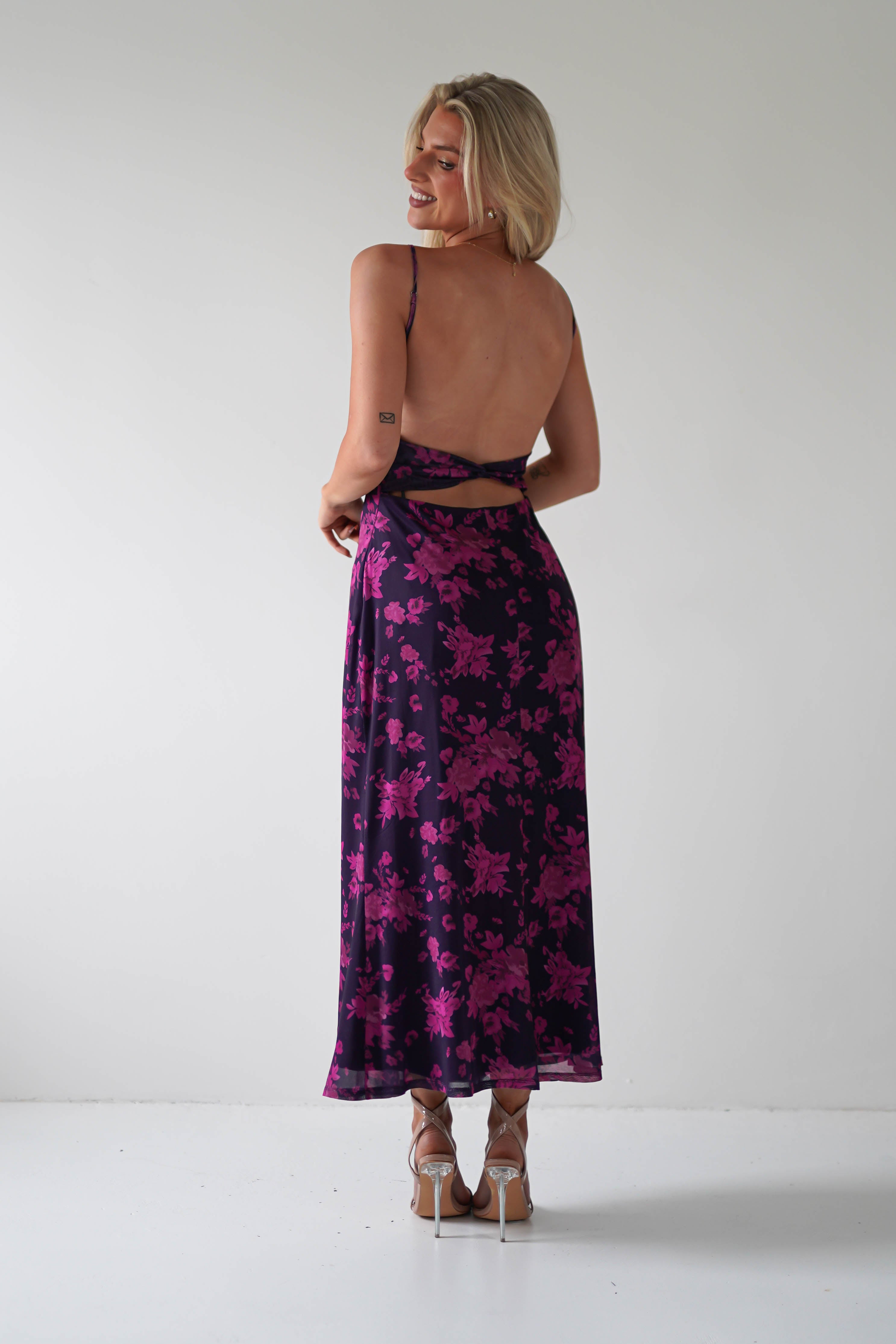 Merlo Low Back Midaxi Dress | Grape Print | Oh Hello Clothing | XS (6)