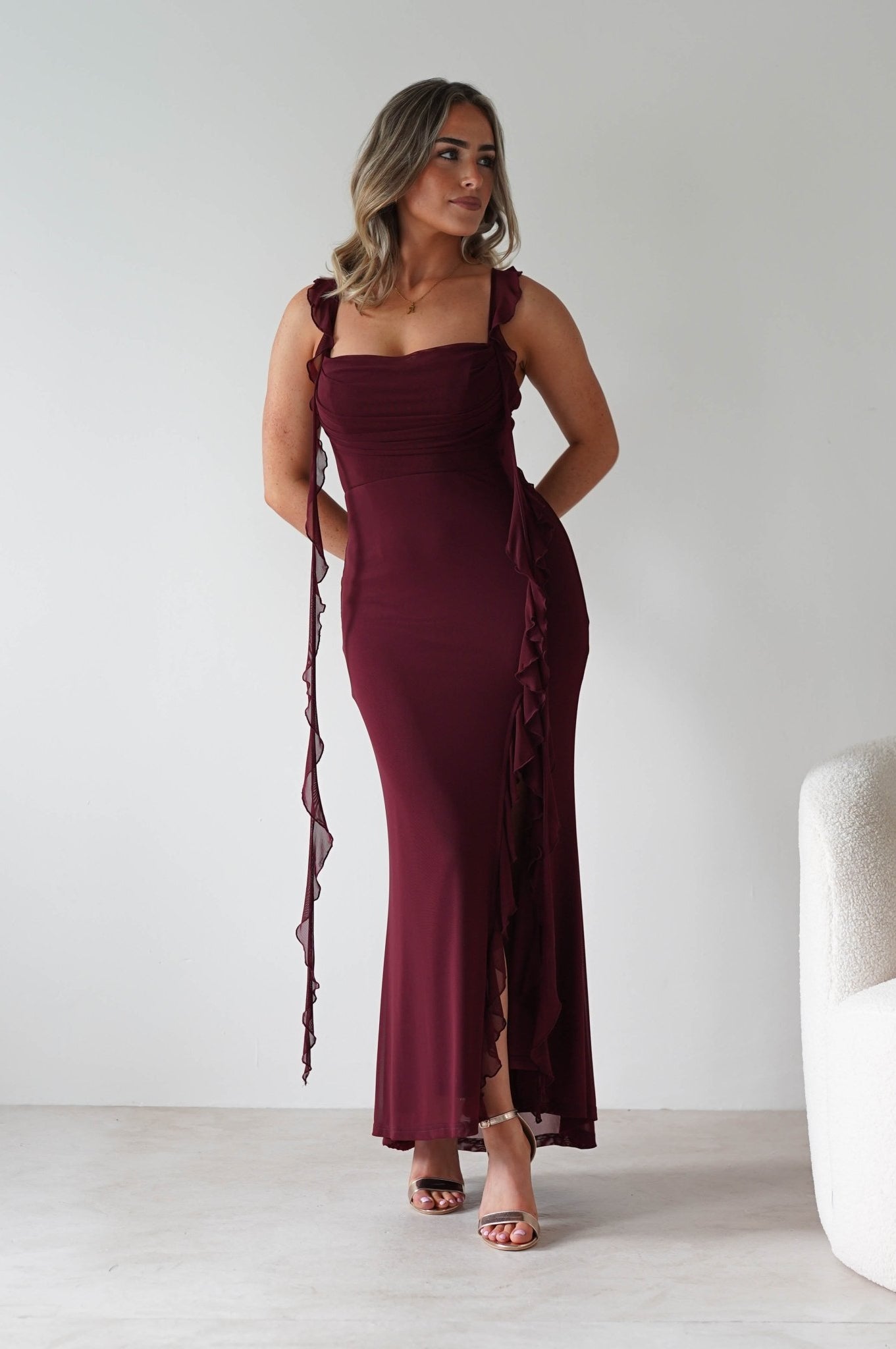 Mhissa Ruffle Maxi Dress | Burgundy | Oh Hello Clothing | XS (6)