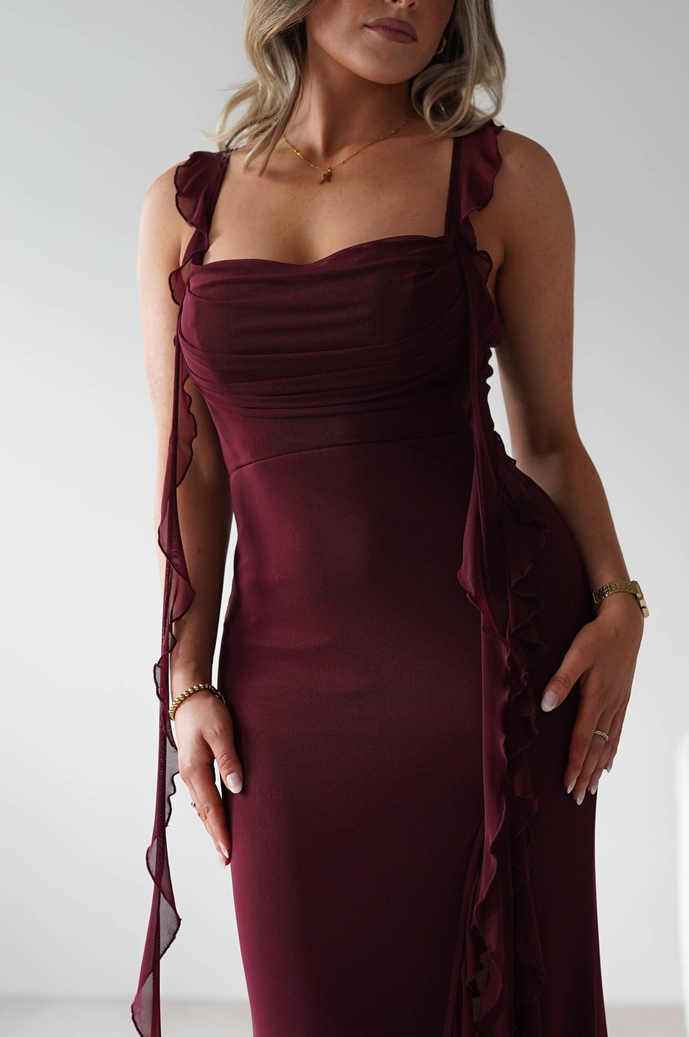 Mhissa Ruffle Maxi Dress | Burgundy | Oh Hello Clothing | XS (6)