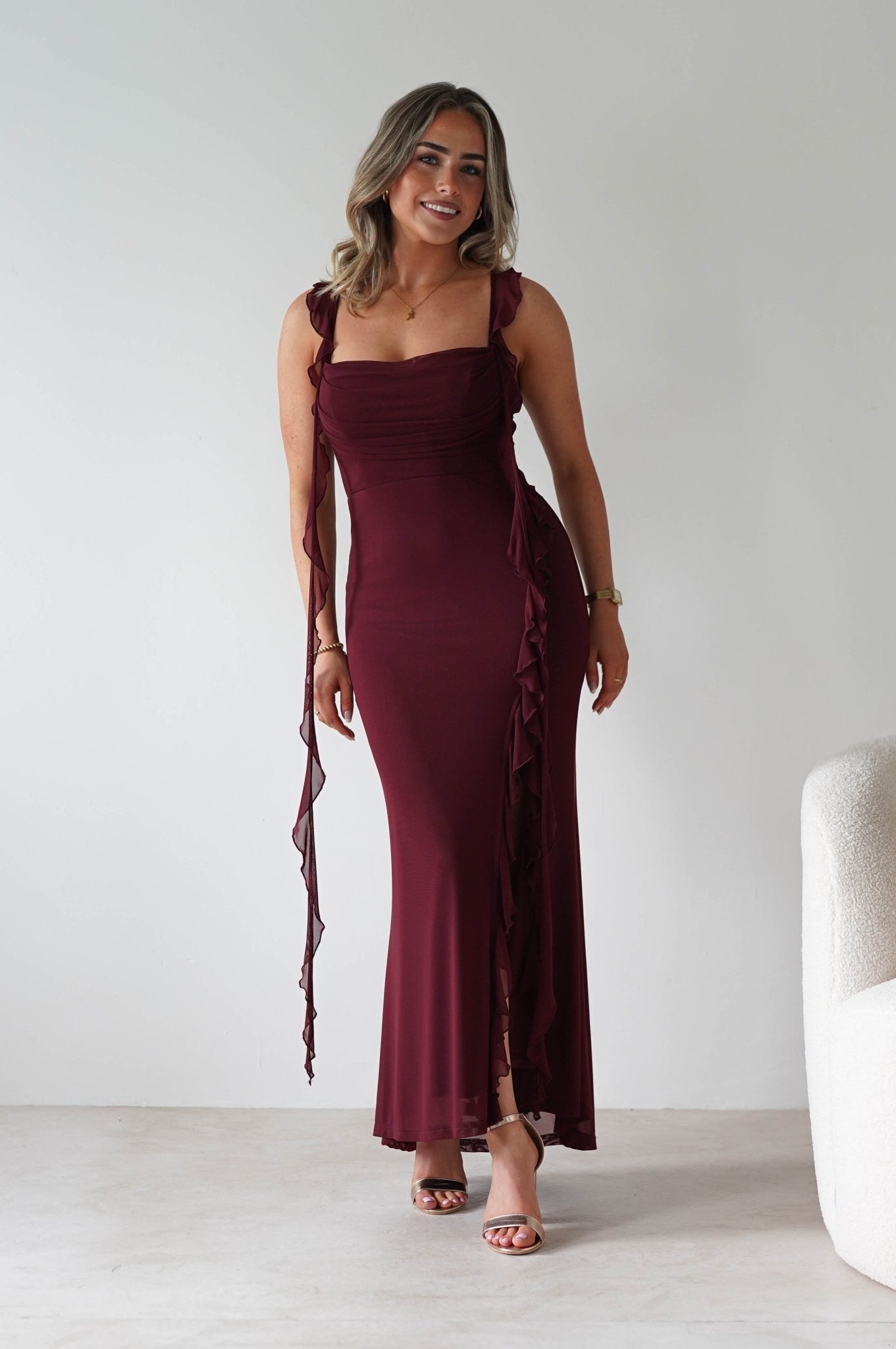 Mhissa Ruffle Maxi Dress | Burgundy | Oh Hello Clothing | XS (6)