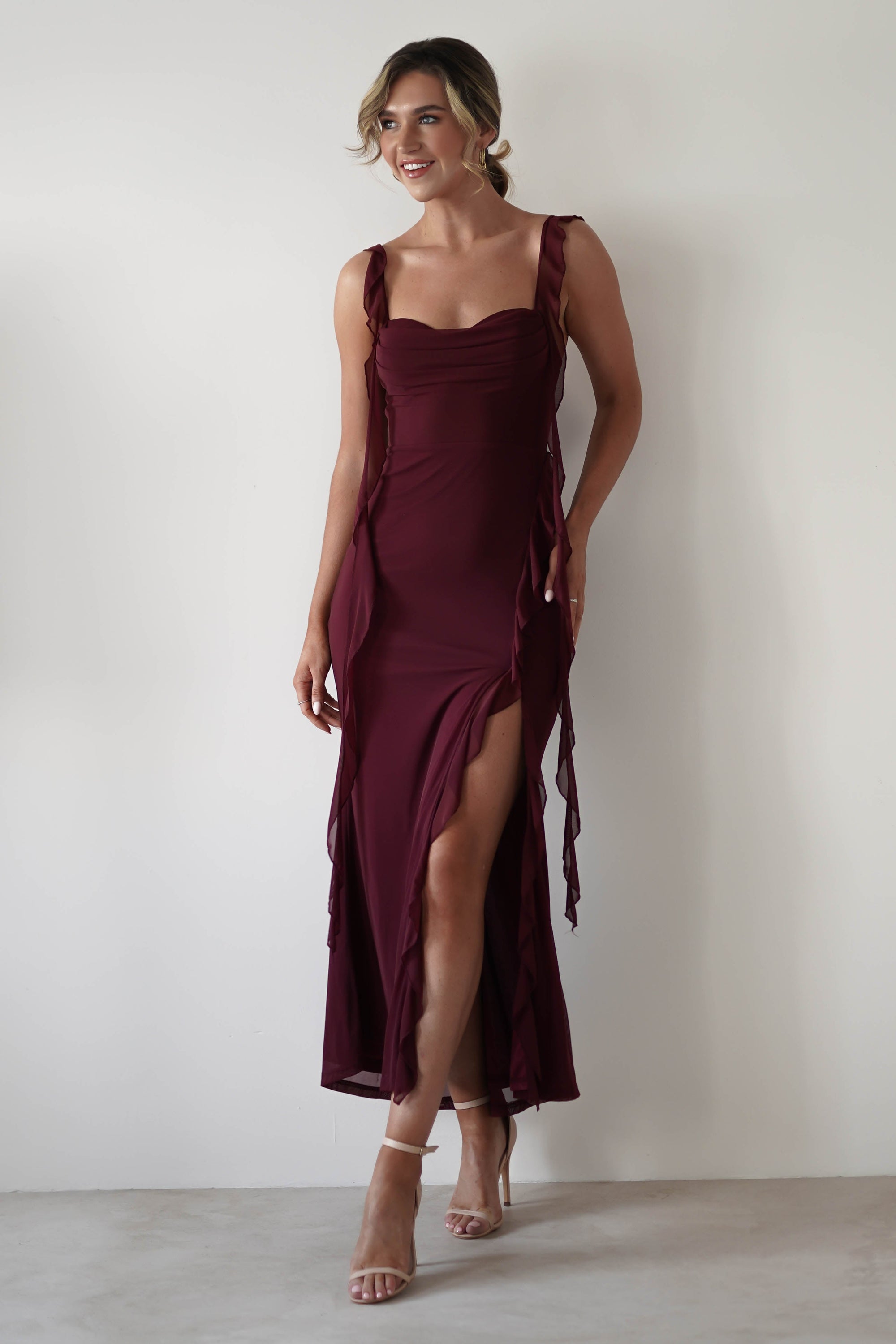 Mhissa Ruffle Maxi Dress | Burgundy | Oh Hello Clothing | XS (6)