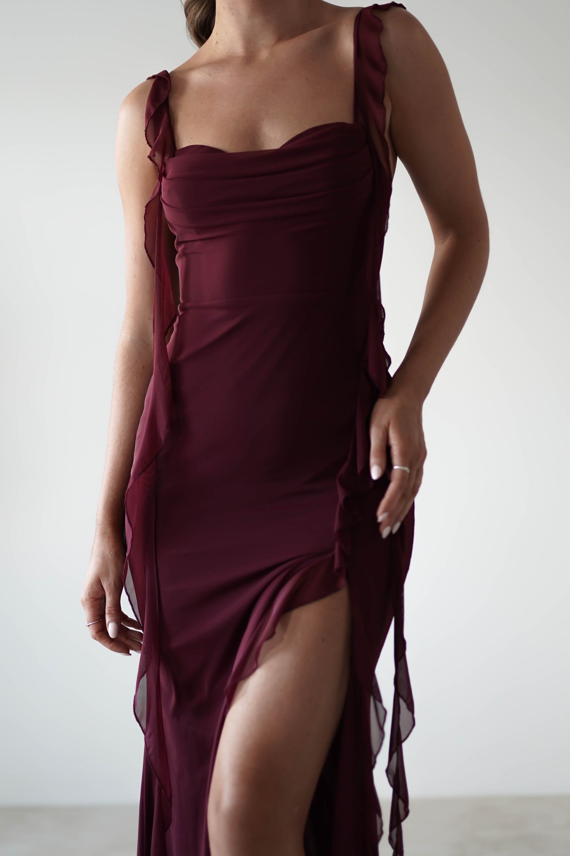 Mhissa Ruffle Maxi Dress | Burgundy | Oh Hello Clothing | XS (6)