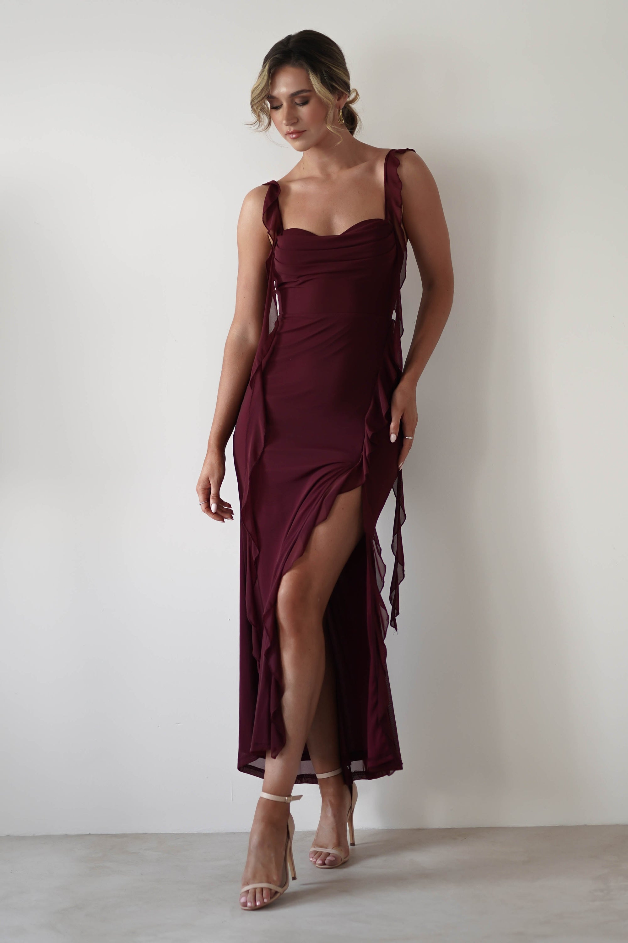Mhissa Ruffle Maxi Dress | Burgundy | Oh Hello Clothing | XS (6)