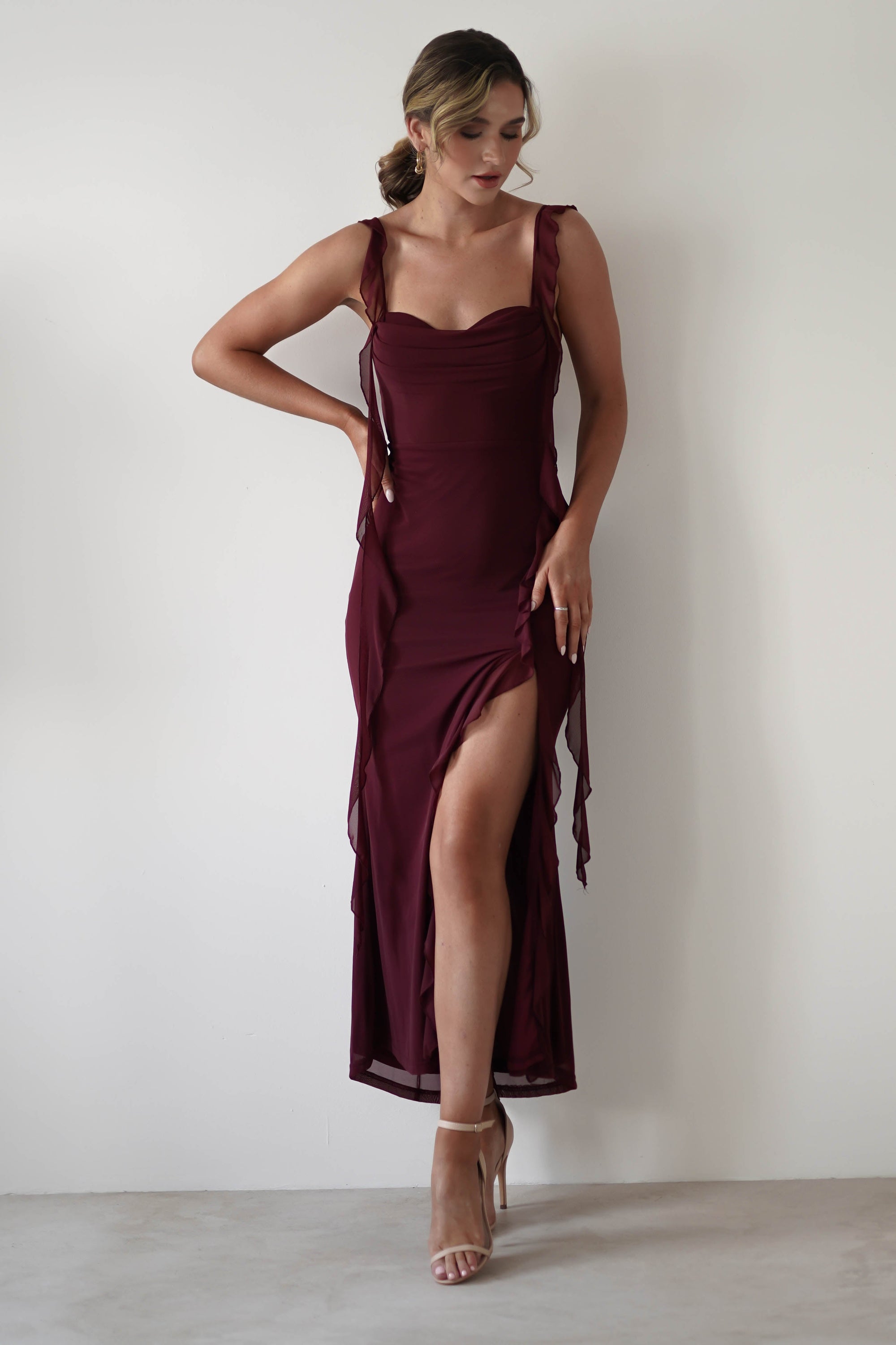 Mhissa Ruffle Maxi Dress | Burgundy | Oh Hello Clothing | XS (6)