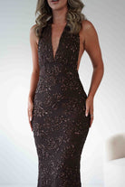 Michaela Halterneck Sequin Maxi Dress | Brown | Oh Hello Clothing | S/M - (8 - 10)