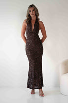 Michaela Halterneck Sequin Maxi Dress | Brown | Oh Hello Clothing | S/M - (8 - 10)