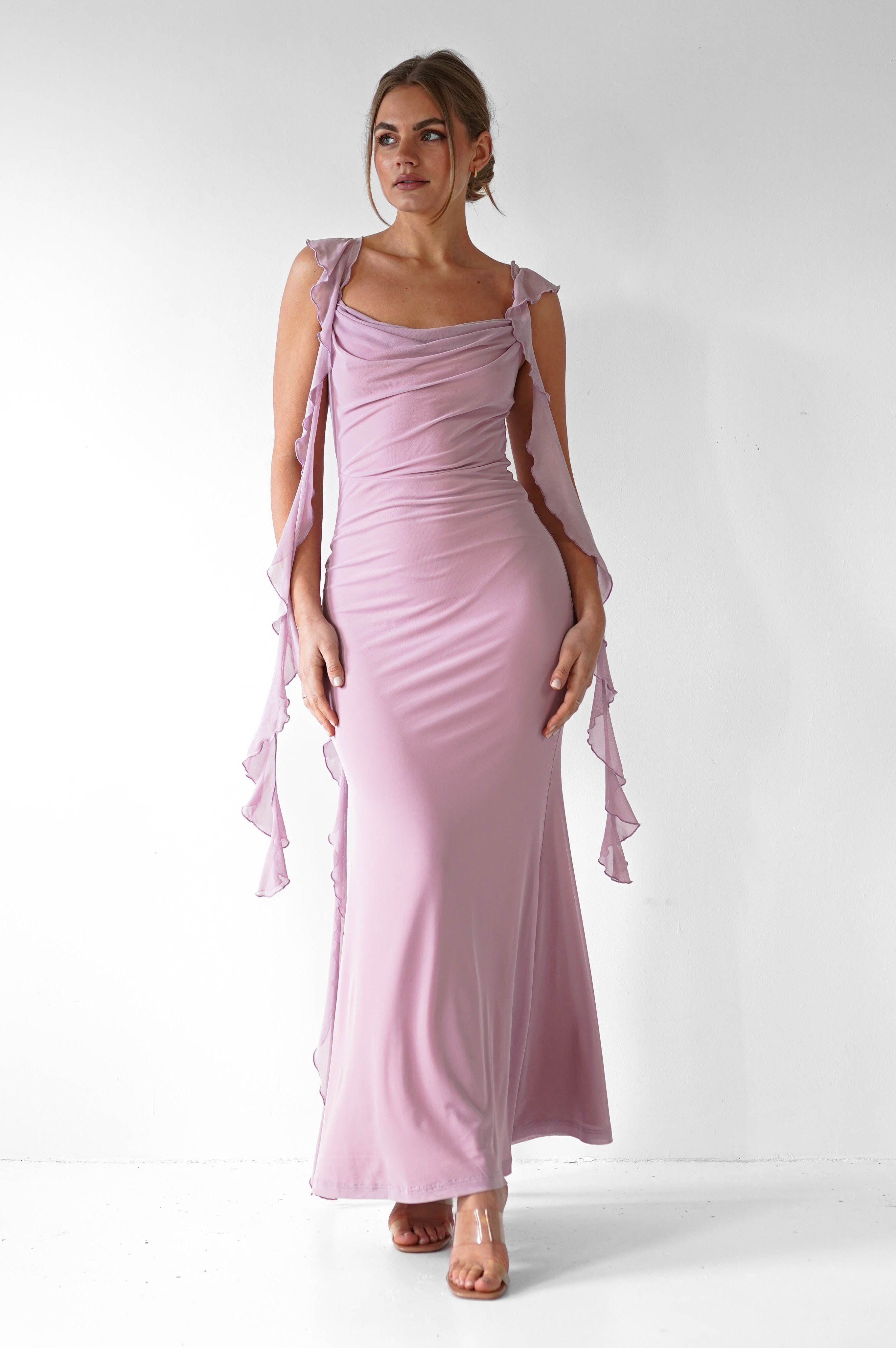 Miranda Ruffle Midaxi Dress | Mauve | Oh Hello Clothing | XS (6)