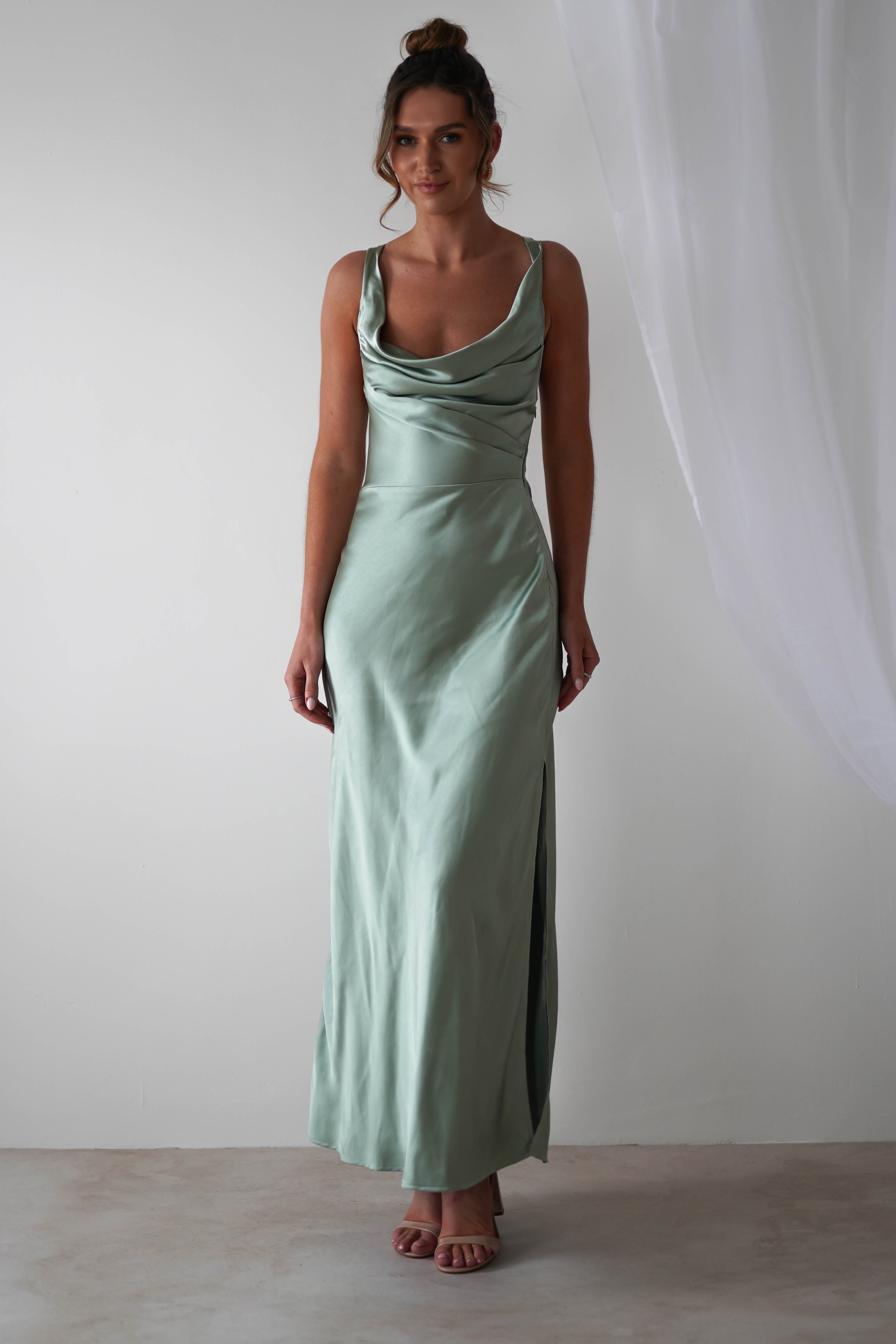 Misha Soft Satin Maxi Dress | Sage Green - Oh Hello Clothing