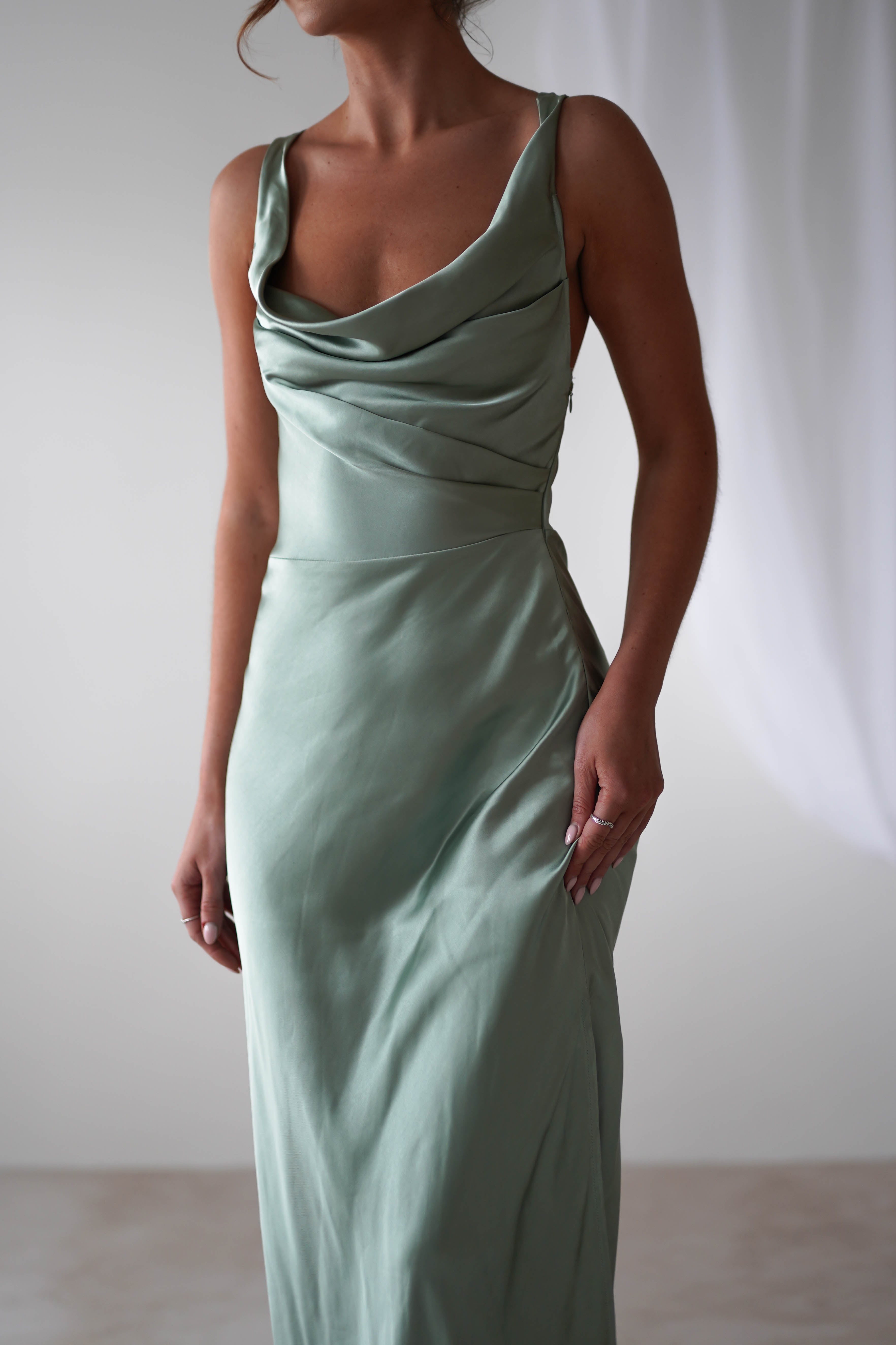 Misha Soft Satin Maxi Dress | Sage Green - Oh Hello Clothing