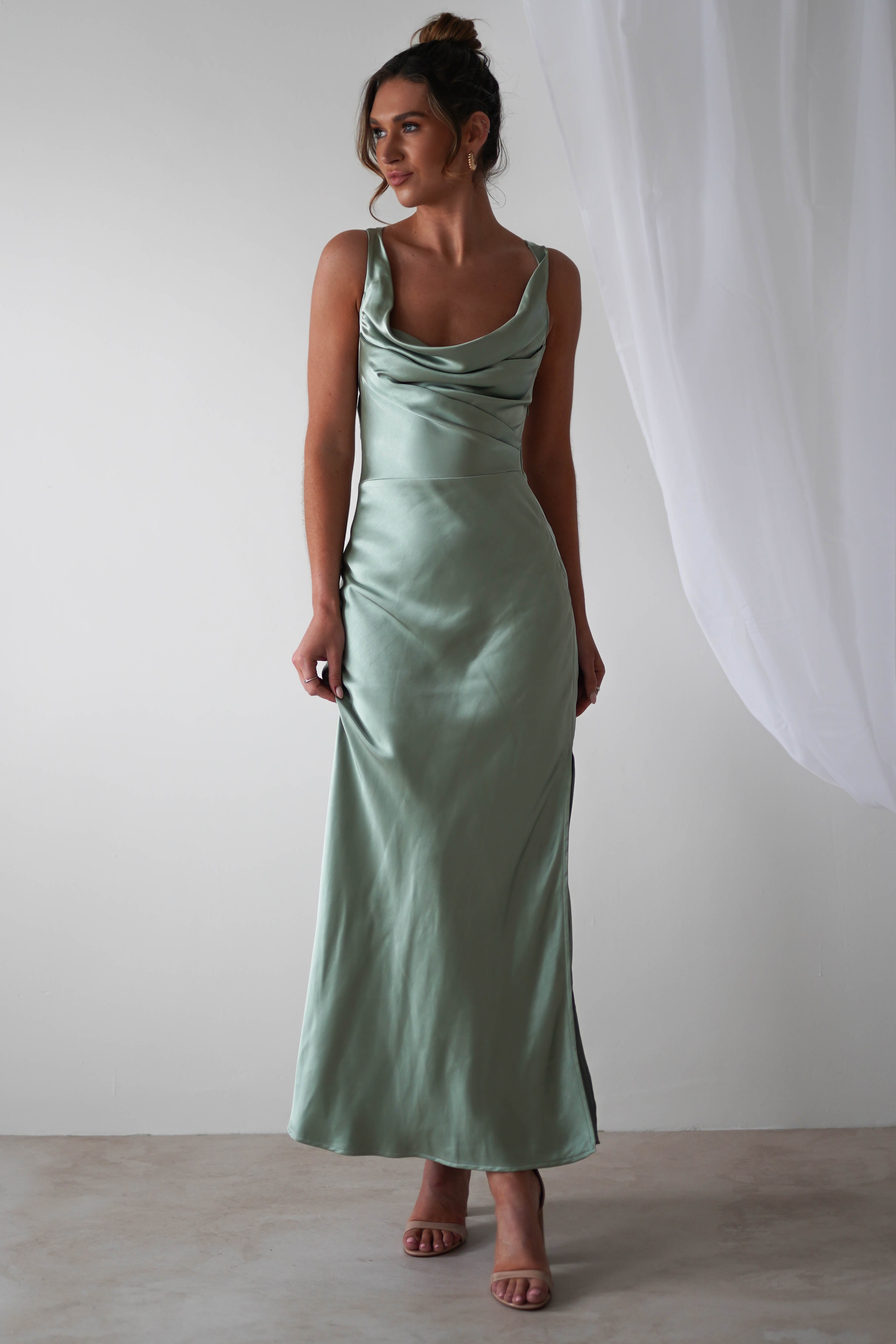 Misha Soft Satin Maxi Dress | Sage Green - Oh Hello Clothing