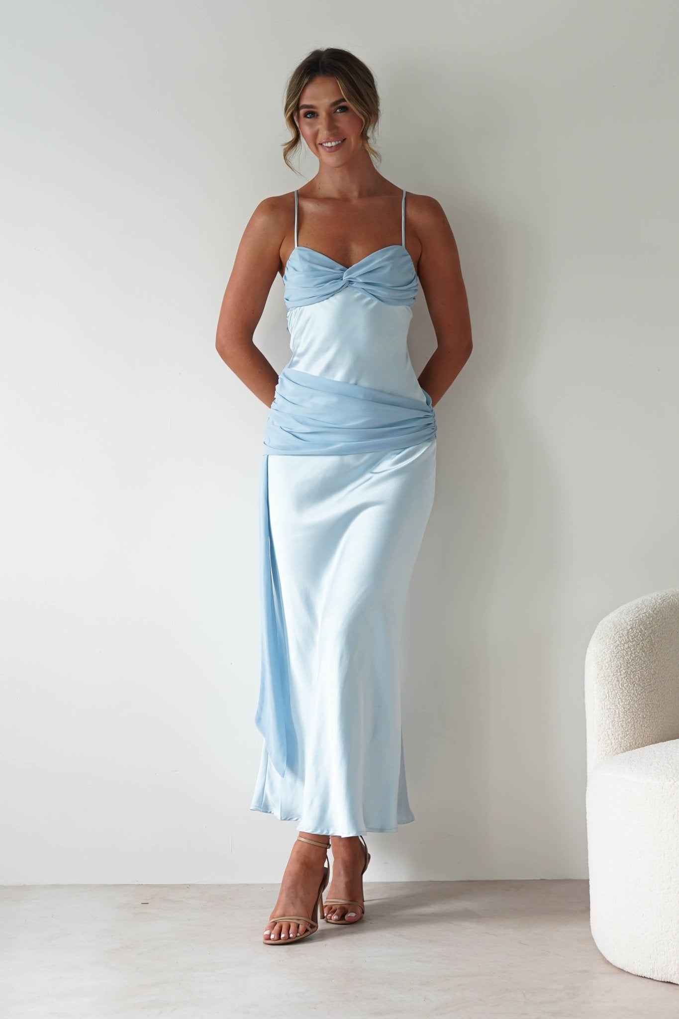 Natasha Satin Draped Maxi Dress | Blue | Oh Hello Clothing | XS (6)