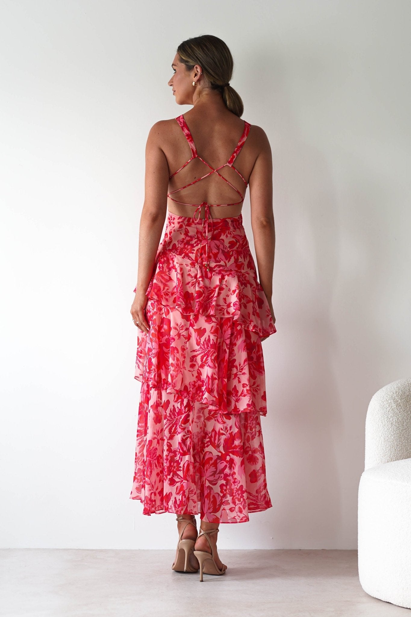 Nicolette Ruffle Maxi Dress | Red Print | Oh Hello Clothing | XS (6)