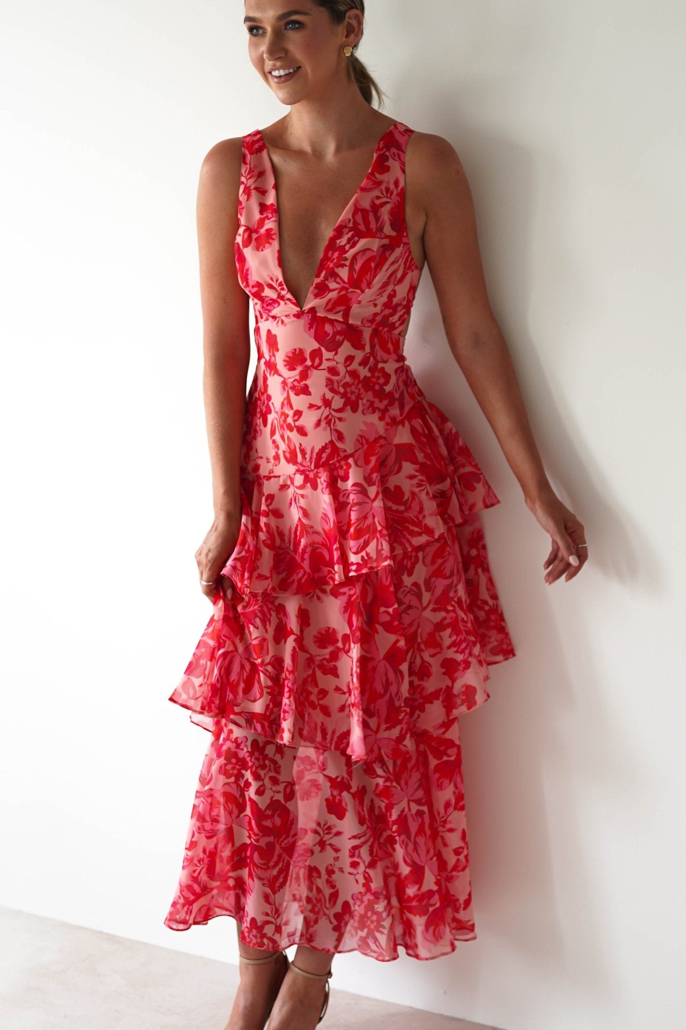 Nicolette Ruffle Maxi Dress | Red Print | Oh Hello Clothing | XS (6)