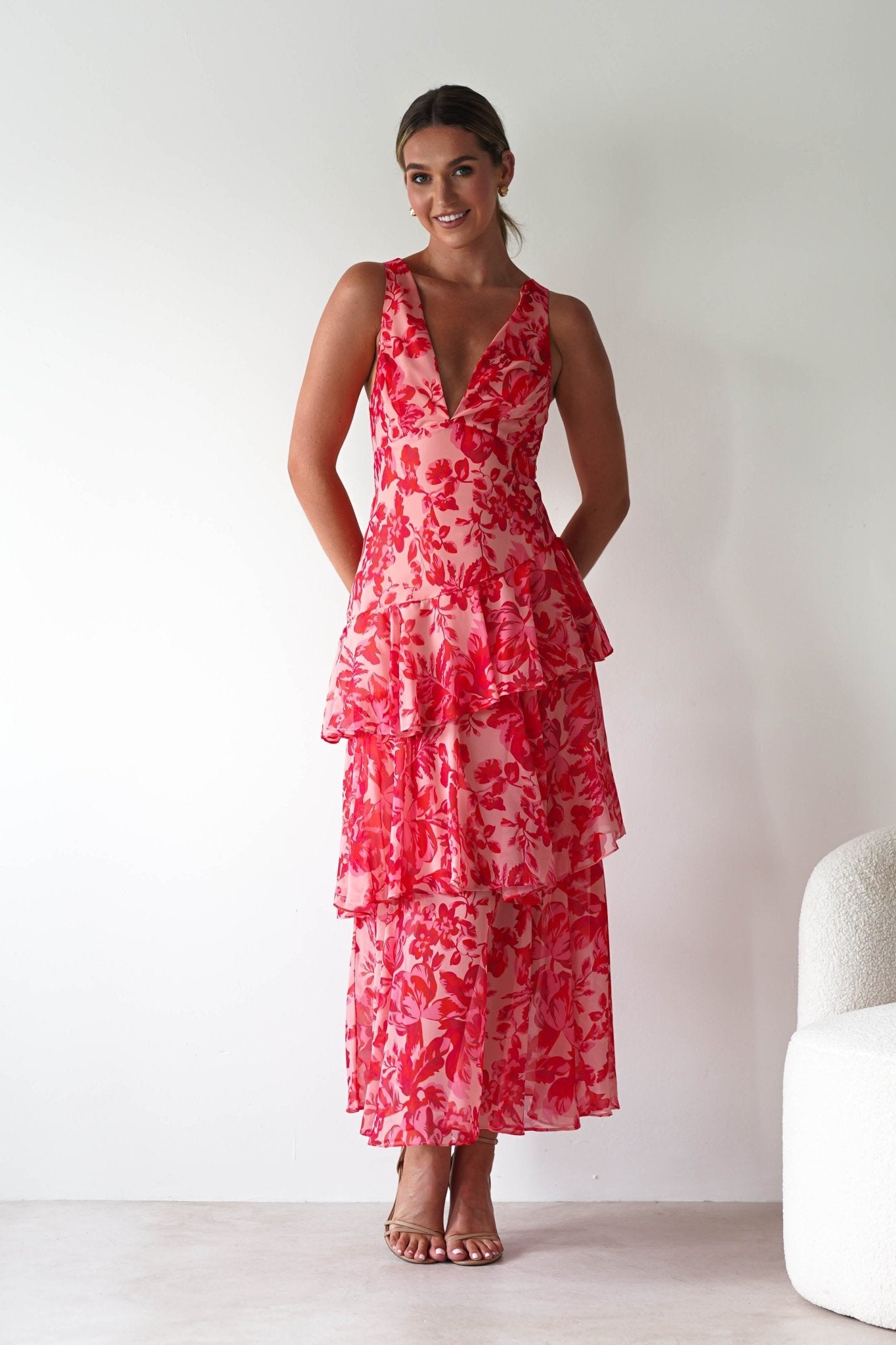 Nicolette Ruffle Maxi Dress | Red Print | Oh Hello Clothing | XS (6)