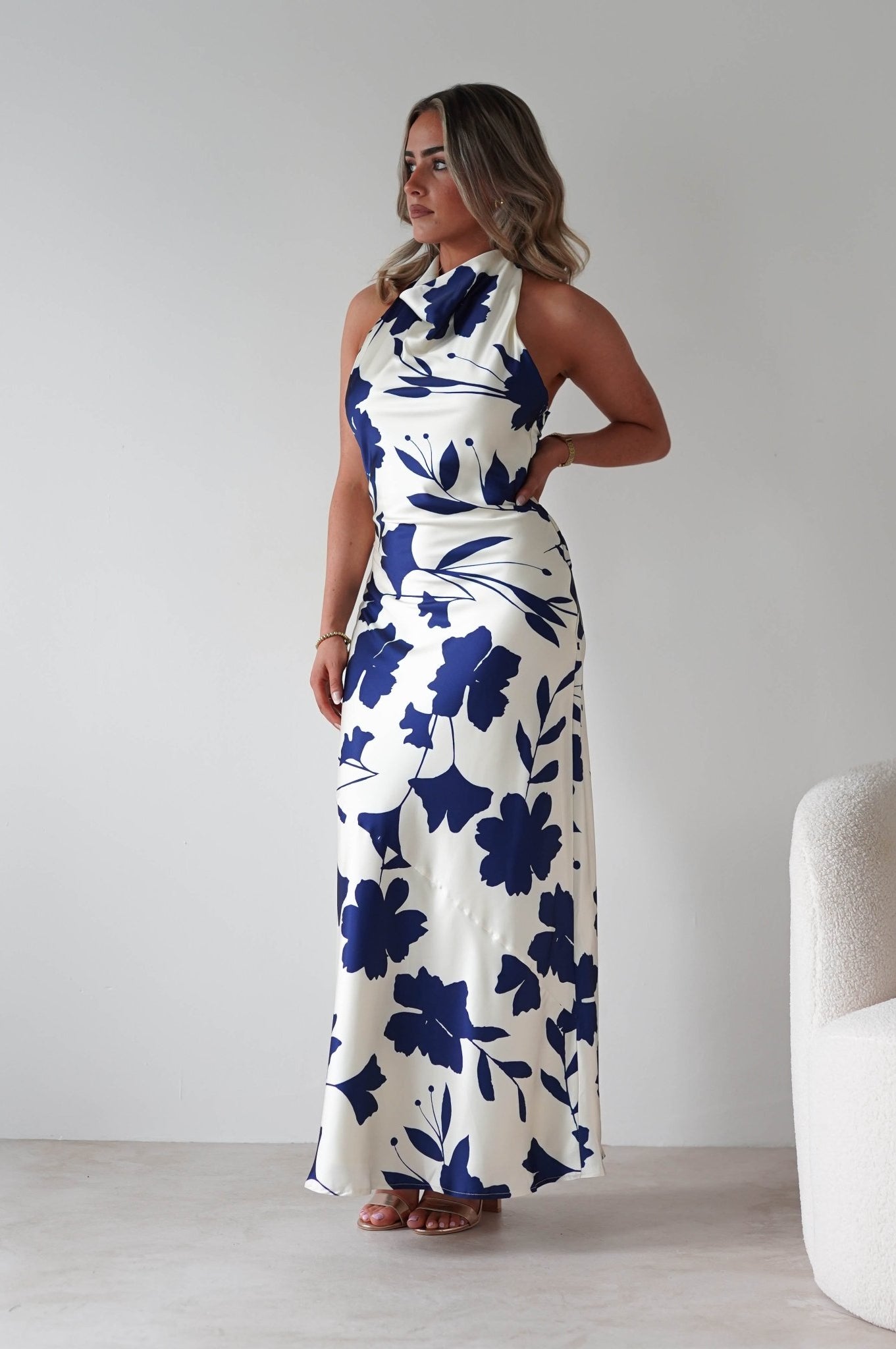 Pagoda Floral Satin Maxi Dress | Cream/Navy | Oh Hello Clothing | XS (6)