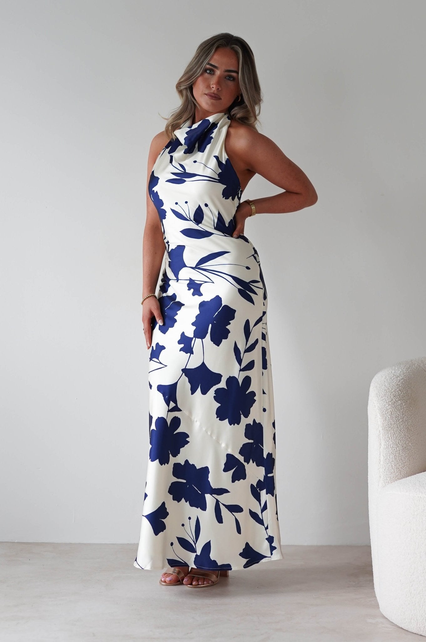 Pagoda Floral Satin Maxi Dress | Cream/Navy | Oh Hello Clothing | XS (6)