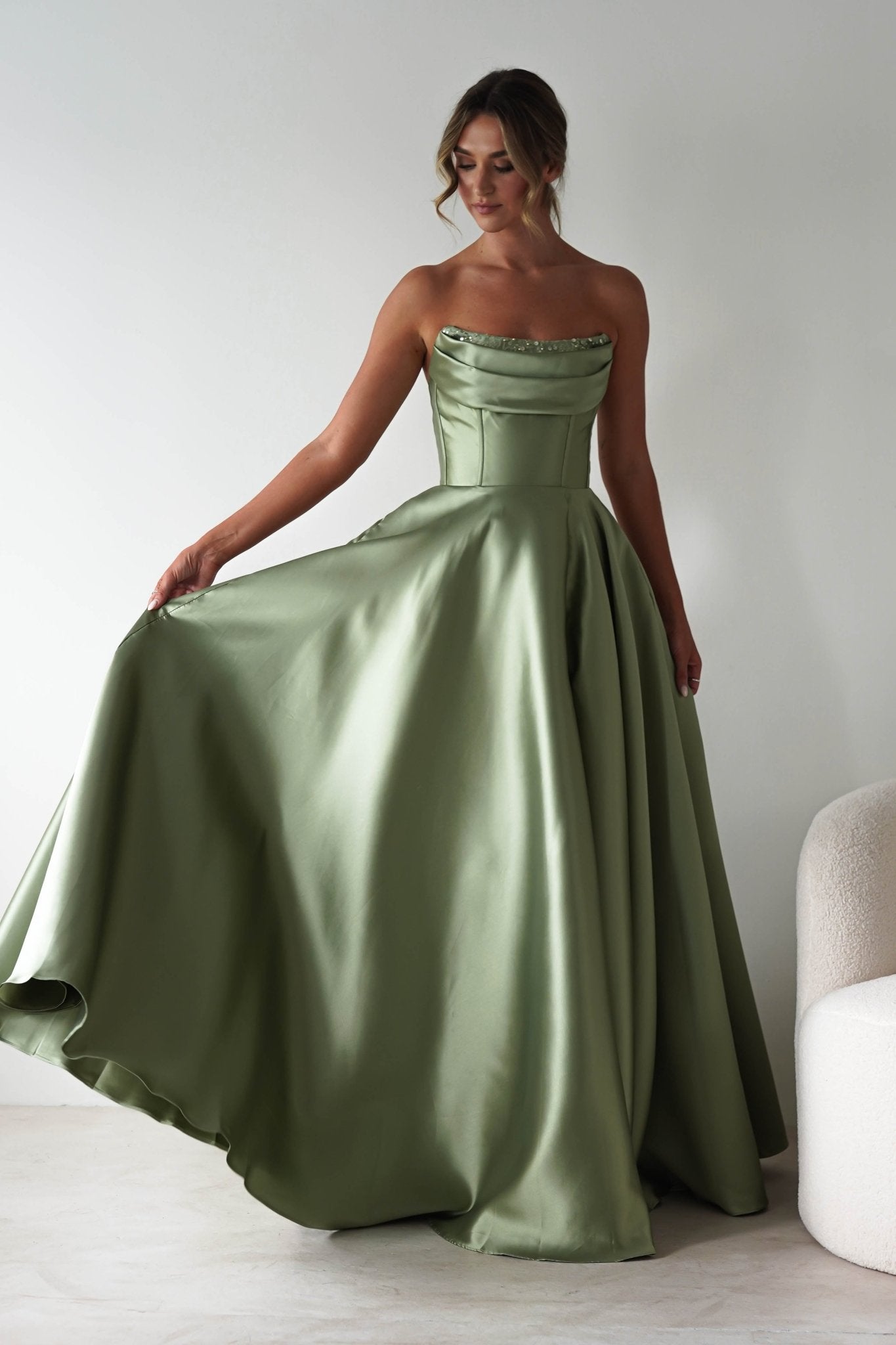 Pepper Strapless A - Line Maxi Gown | Sage | Oh Hello Clothing | XS (6)