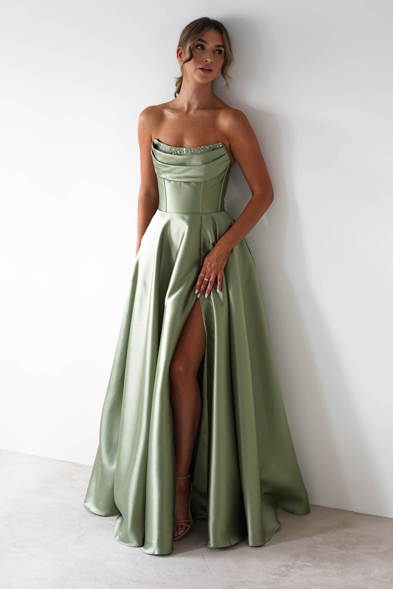 Pepper Strapless A - Line Maxi Gown | Sage | Oh Hello Clothing | XS (6)