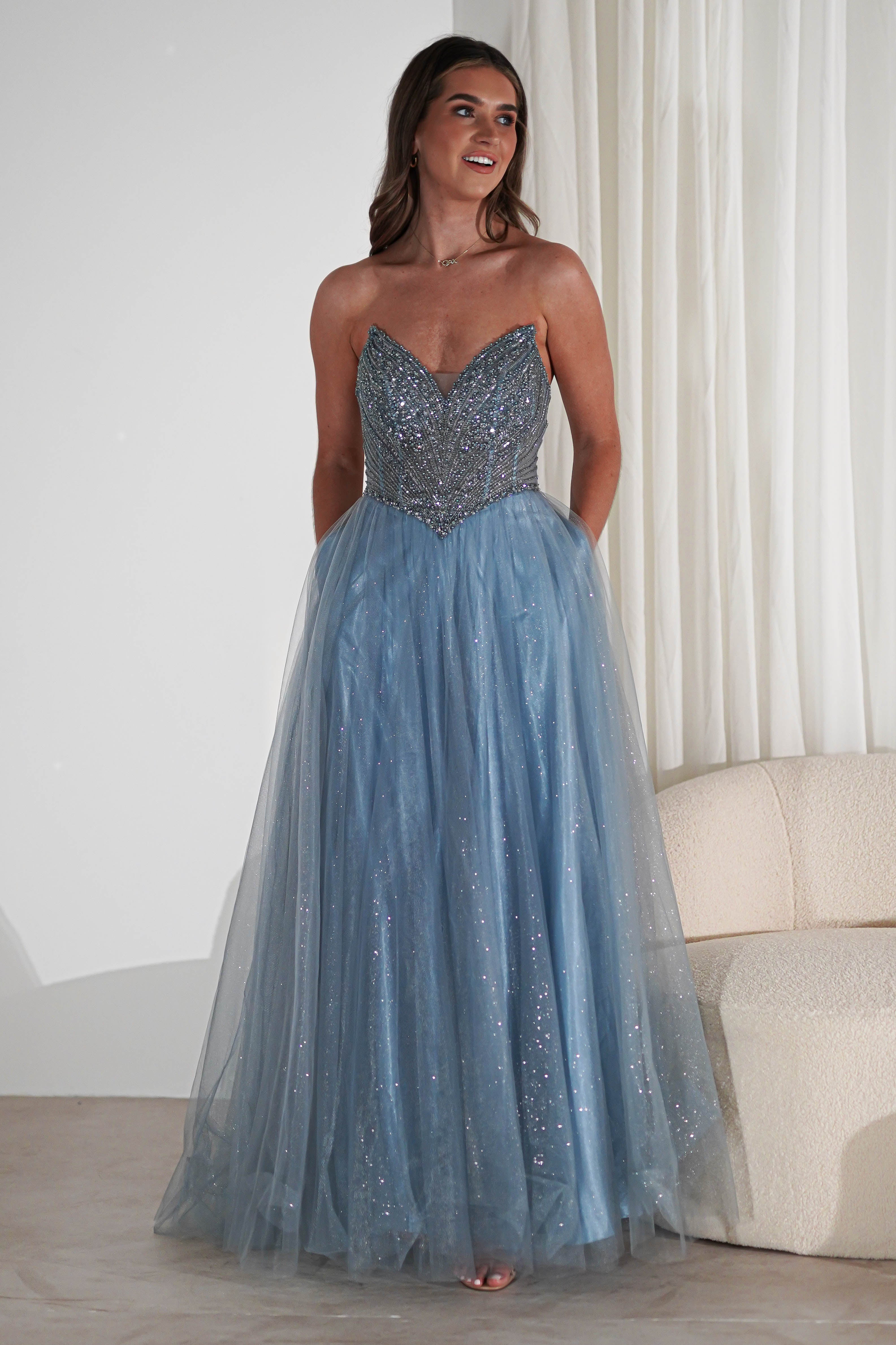 Priscilla Princess Glitter Gown | Dusty Blue | Oh Hello Clothing | XS (6)