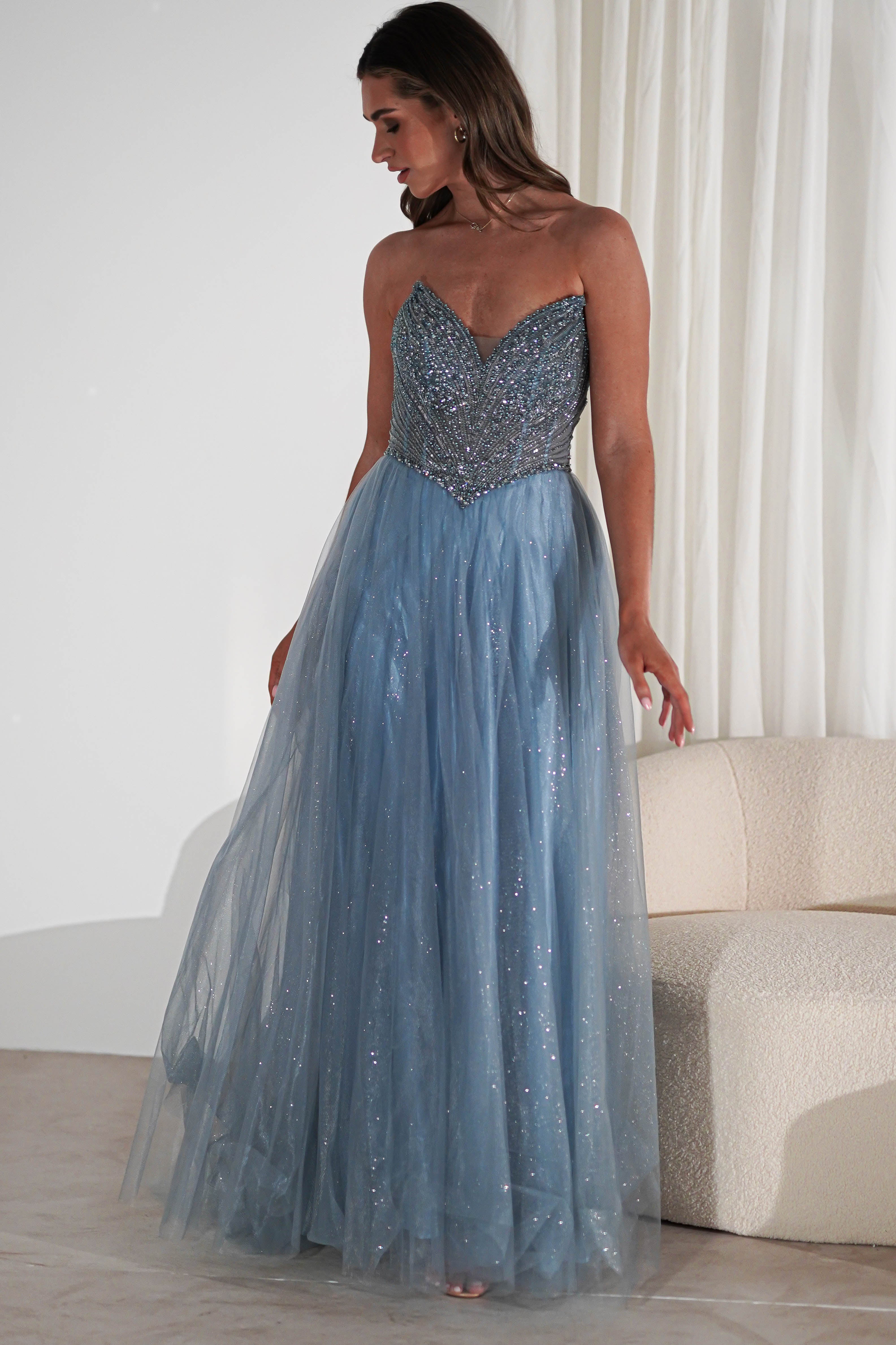 Priscilla Princess Glitter Gown | Dusty Blue | Oh Hello Clothing | XS (6)