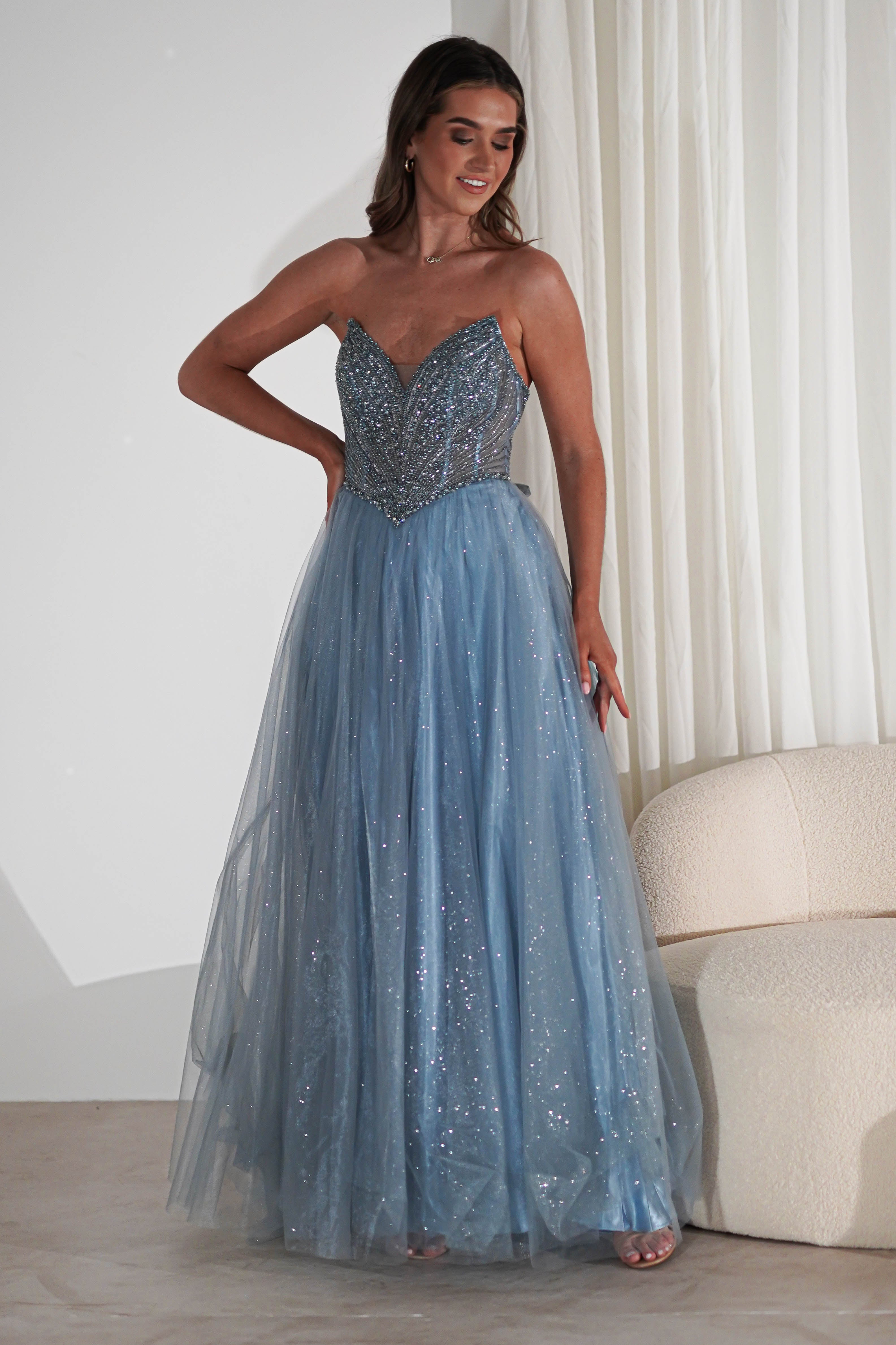 Priscilla Princess Glitter Gown | Dusty Blue | Oh Hello Clothing | XS (6)