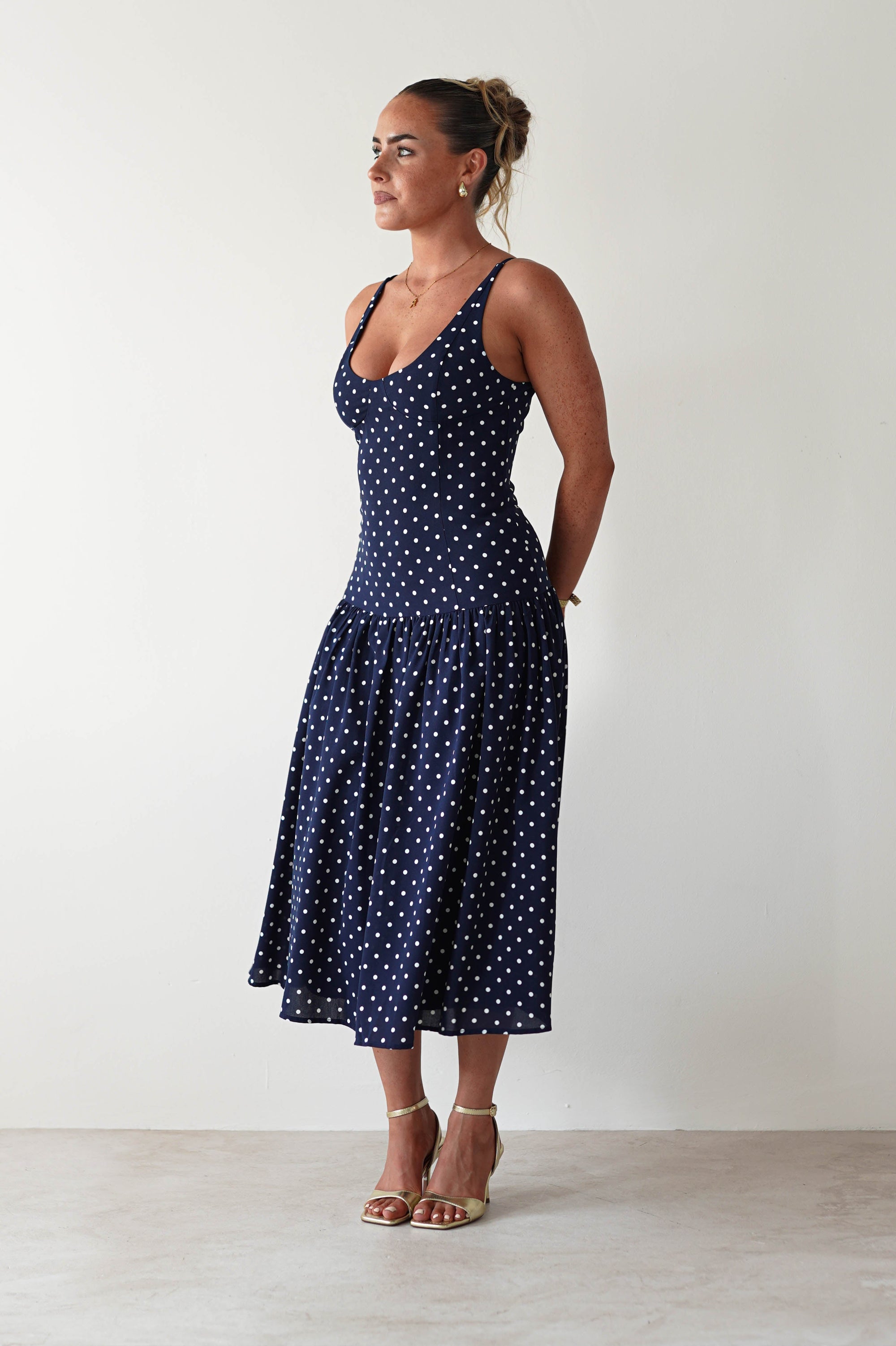 Ritz Polka Dot Drop - hem Midi Dress | Navy | Oh Hello Clothing | S (8)