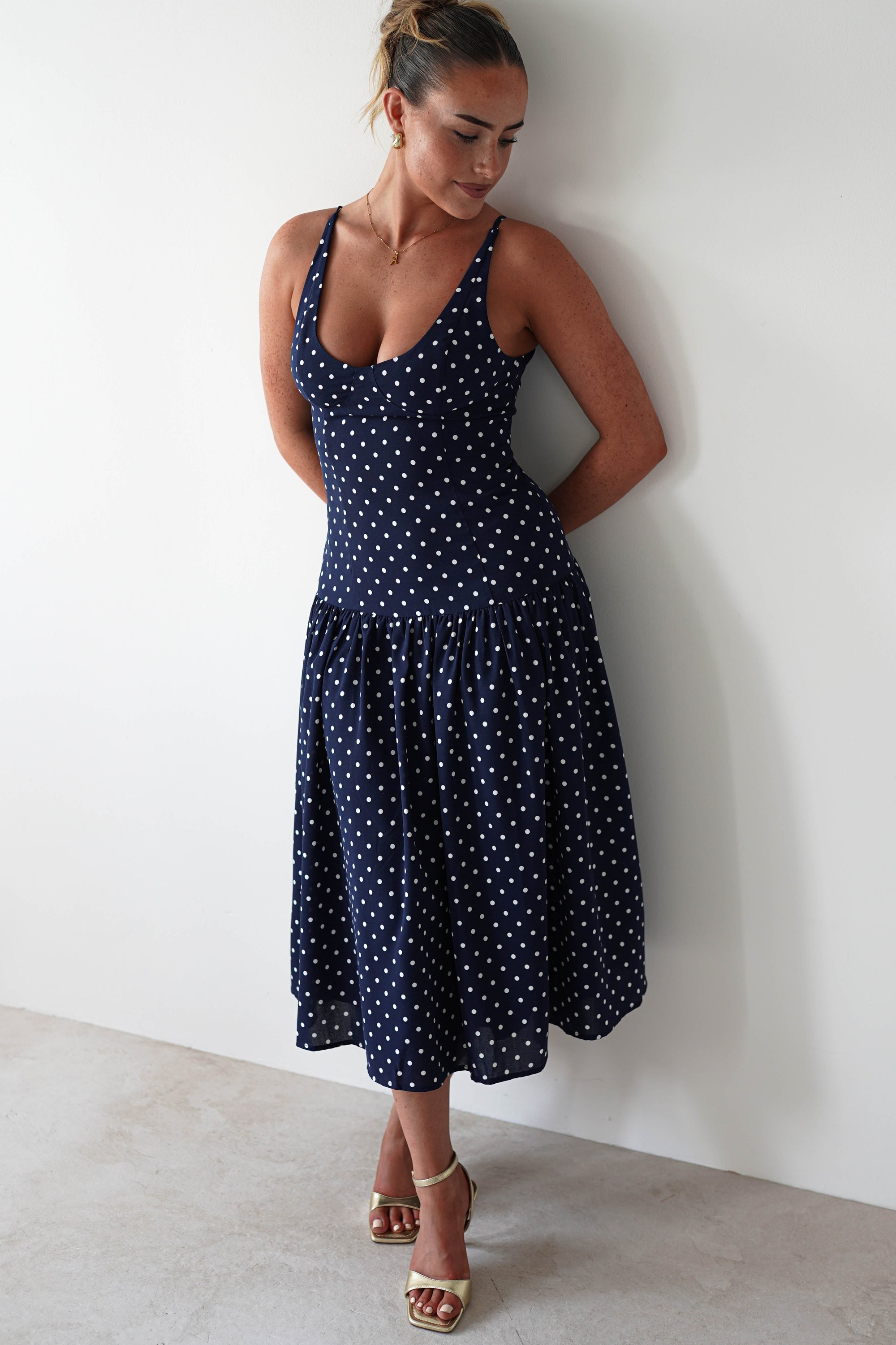 Ritz Polka Dot Drop - hem Midi Dress | Navy | Oh Hello Clothing | S (8)