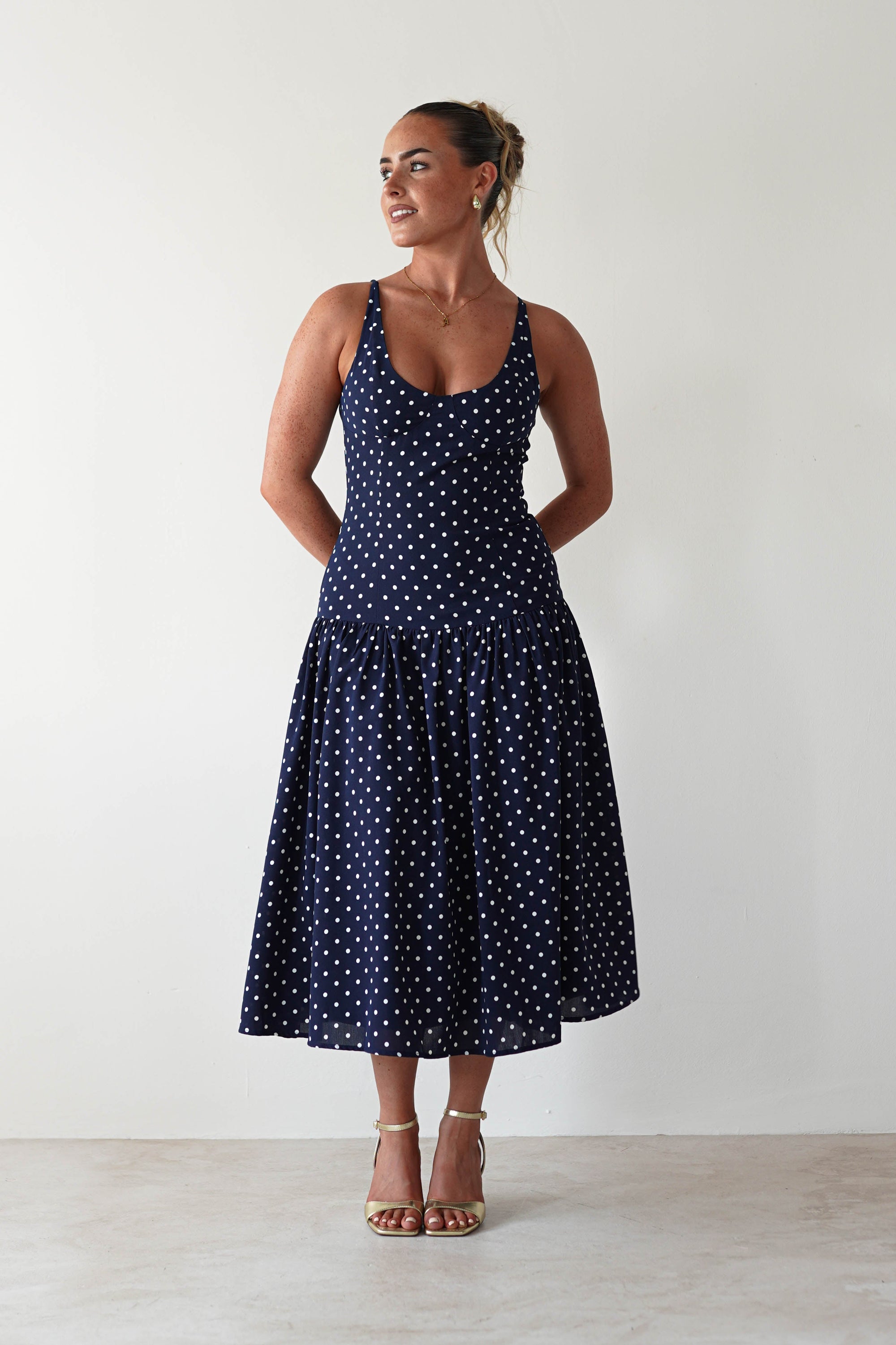 Ritz Polka Dot Drop - hem Midi Dress | Navy | Oh Hello Clothing | S (8)