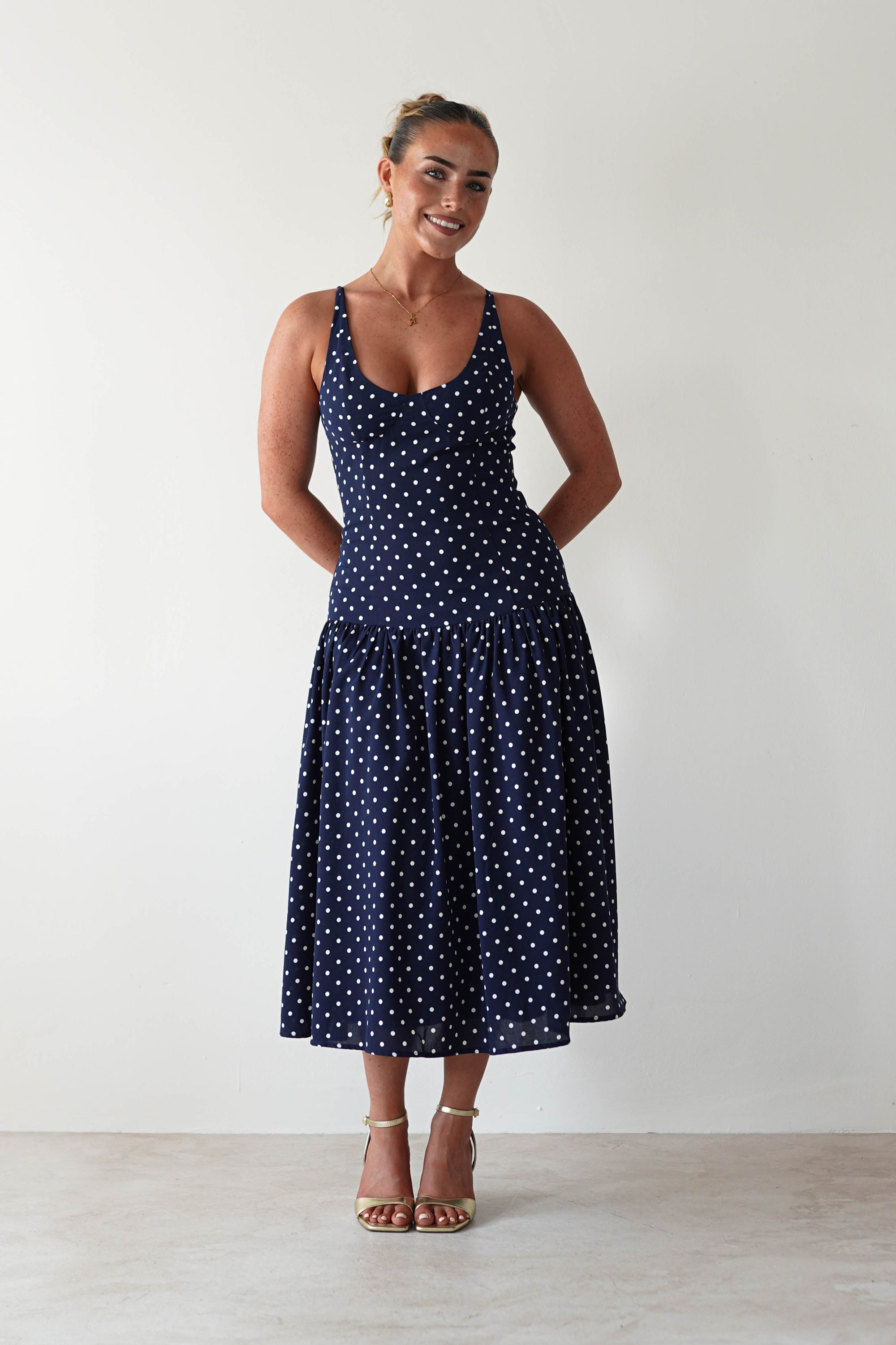 Ritz Polka Dot Drop - hem Midi Dress | Navy | Oh Hello Clothing | S (8)