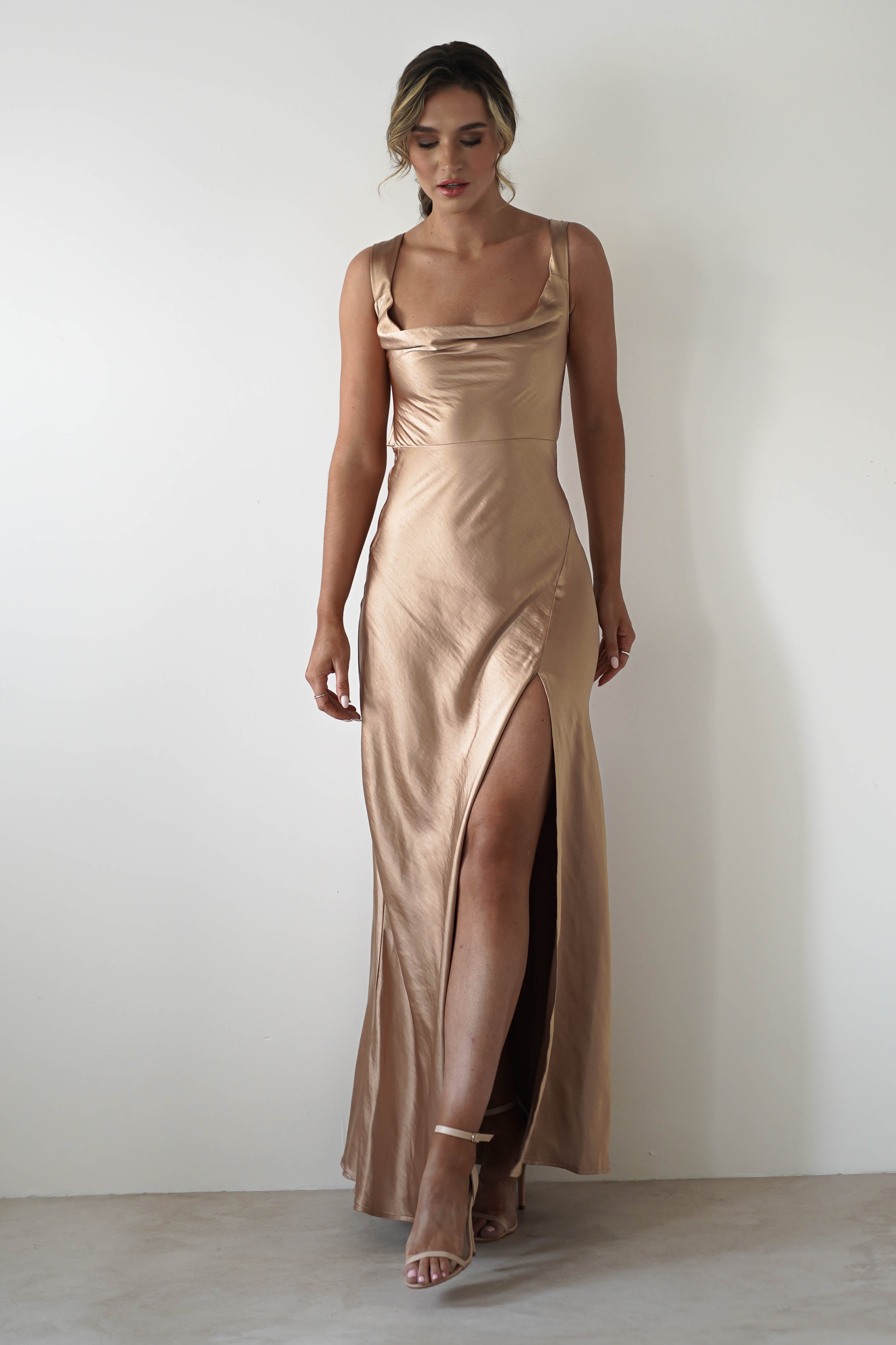 Riviera Soft Satin Maxi Gown | Gold/Bronze | Oh Hello Clothing | XS (6)