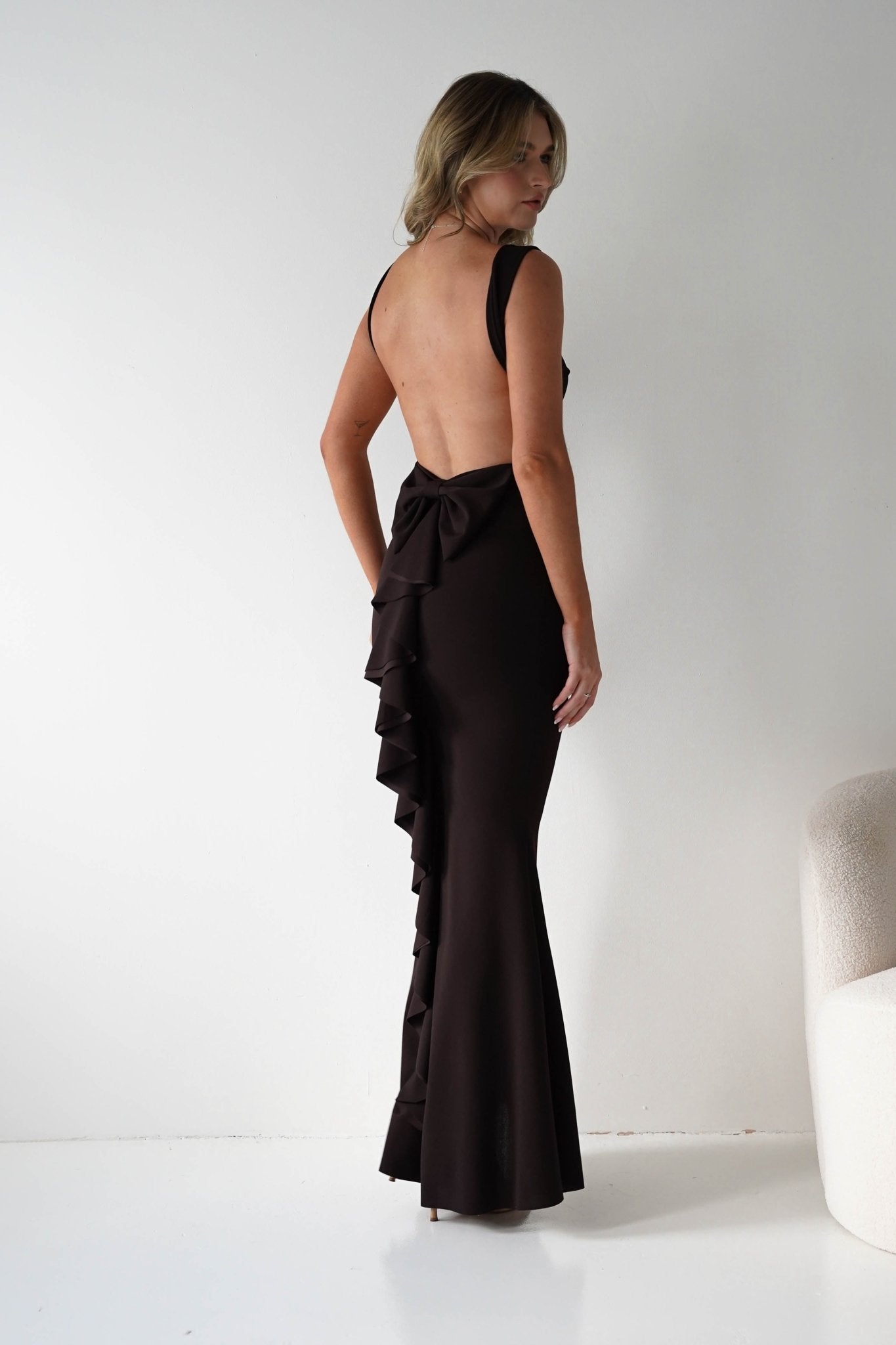 Samantha Bow Detail Maxi Dress | Dark Brown | Oh Hello Clothing | S/M - (8 - 10)