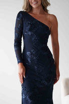 Saphira One Sleeve Maxi Dress | Navy Textured | Oh Hello Clothing | XS(6)