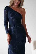 Saphira One Sleeve Maxi Dress | Navy Textured | Oh Hello Clothing | XS(6)