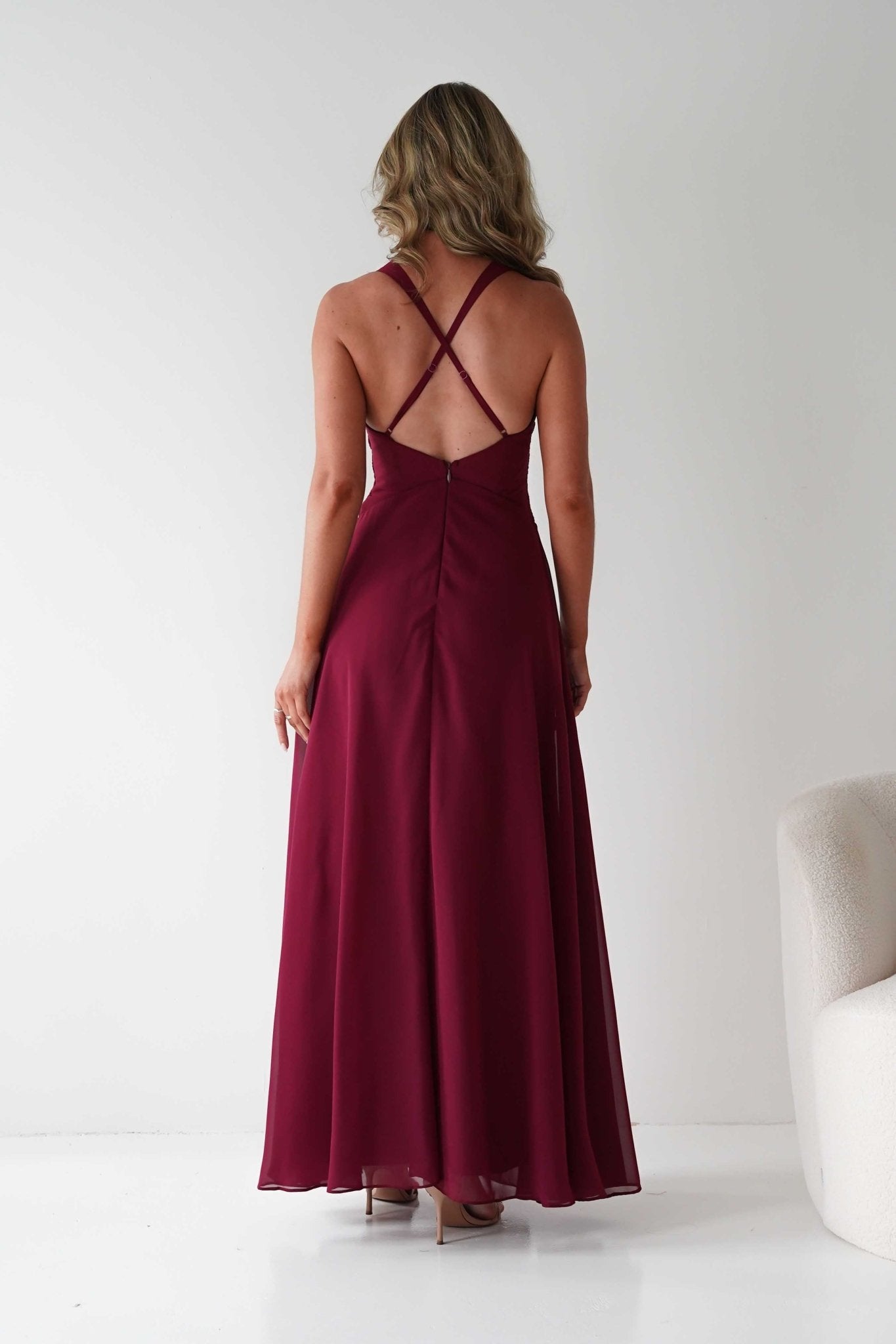 Sara A - Line Chiffon Maxi Dress | Burgundy | Oh Hello Clothing | S (8)