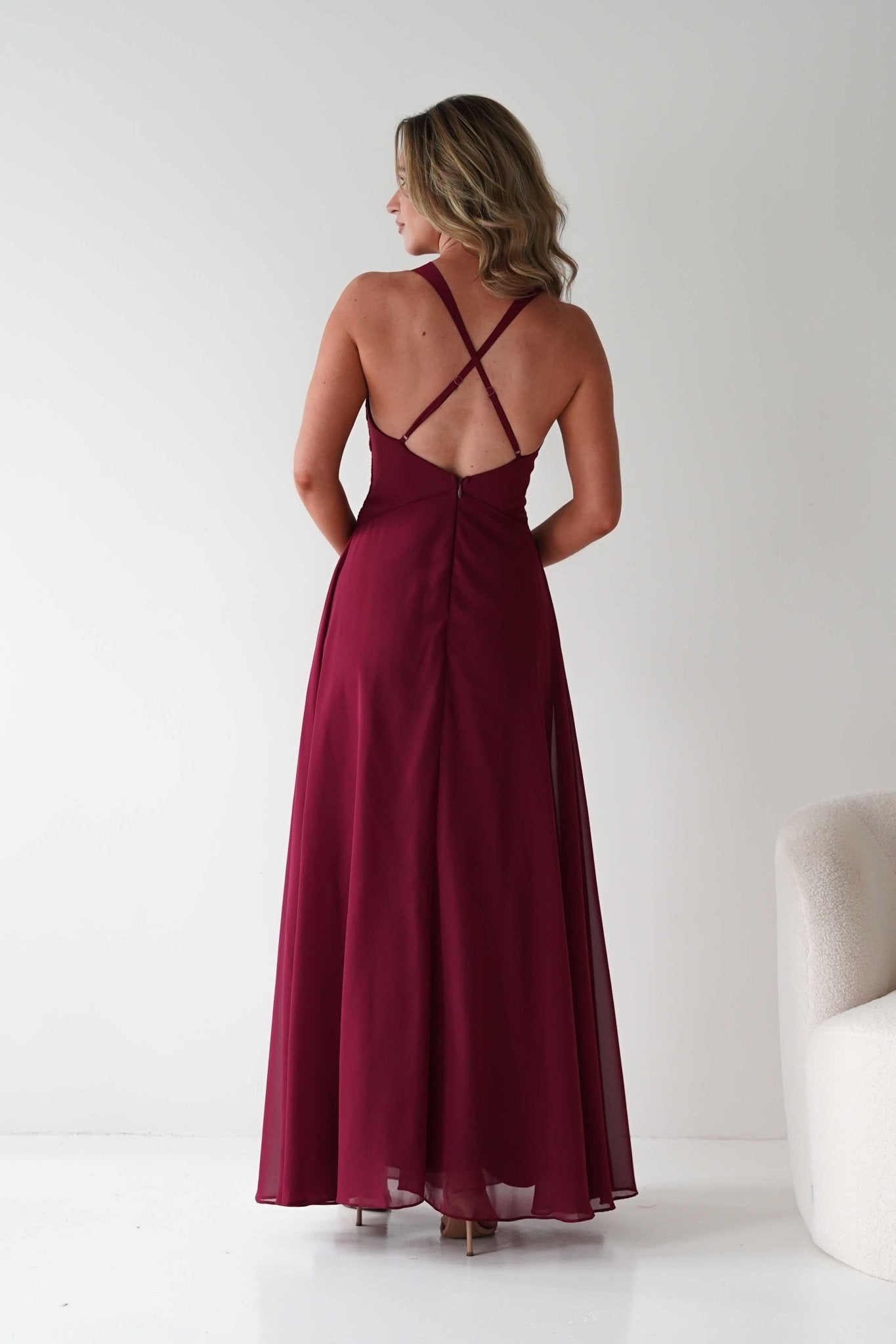 Sara A - Line Chiffon Maxi Dress | Burgundy | Oh Hello Clothing | S (8)