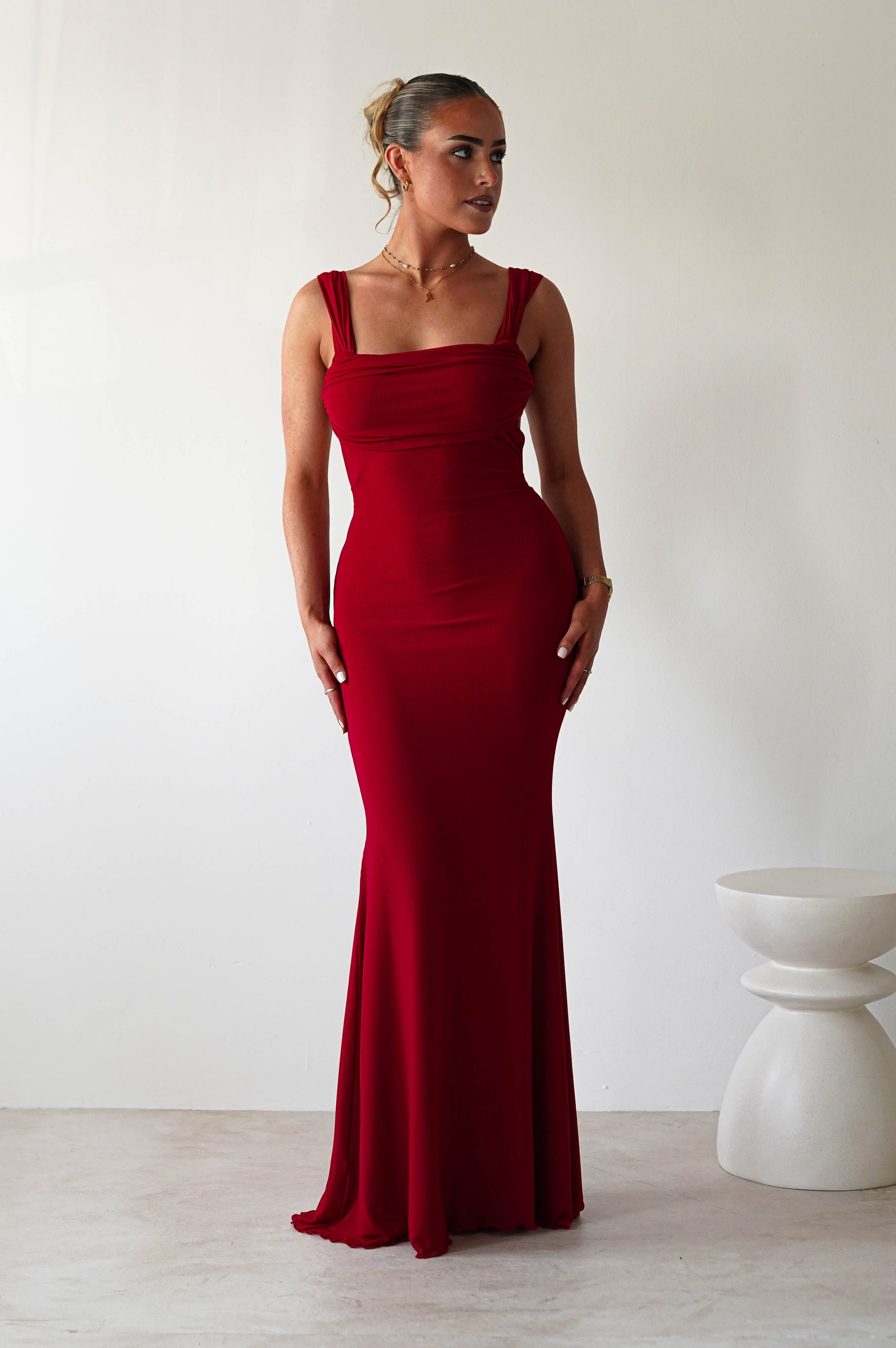 Sky Stretchy Mesh Backless Maxi Dress | Dark Red | Oh Hello Clothing | XS (6)