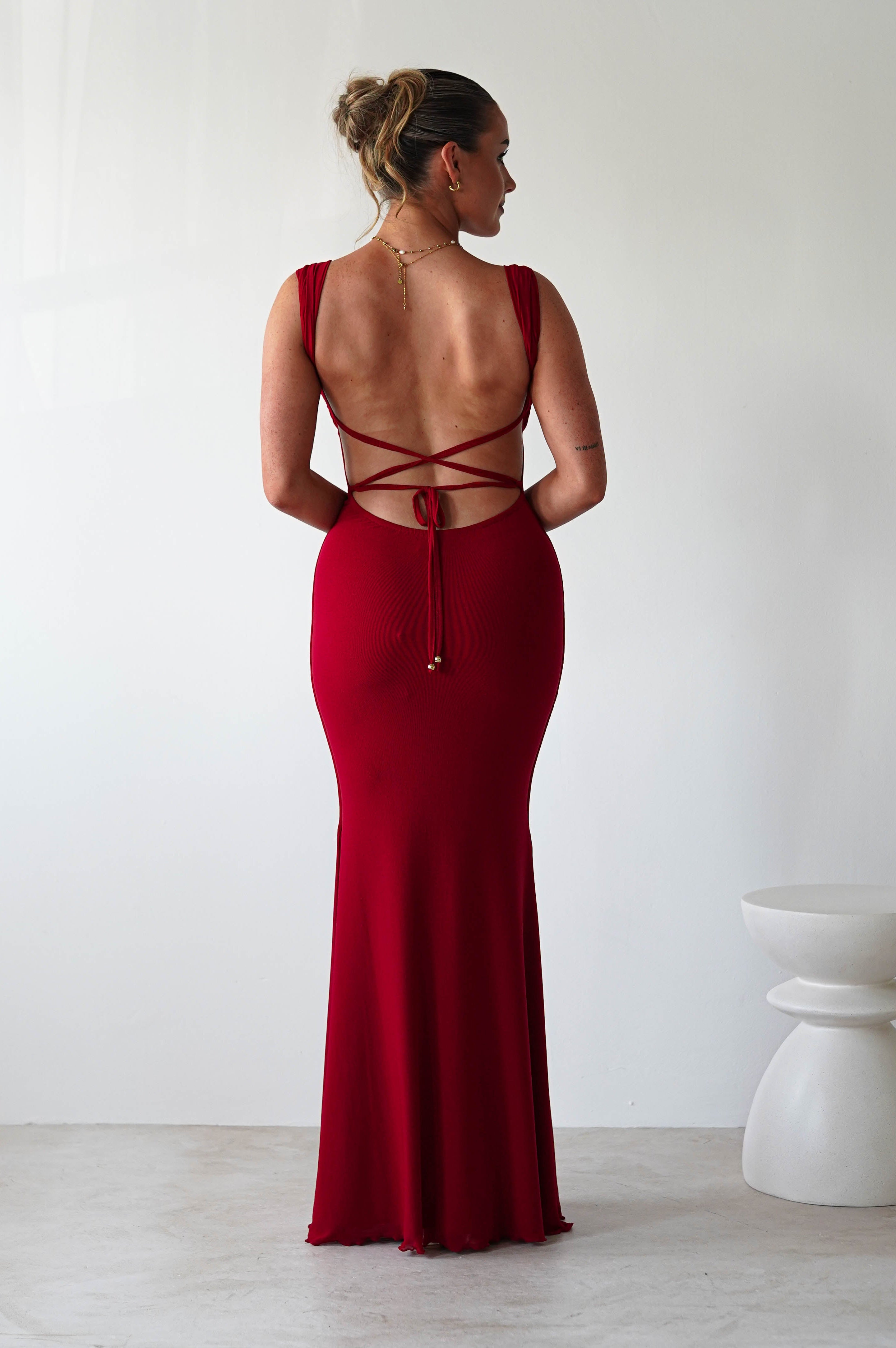 Sky Stretchy Mesh Backless Maxi Dress | Dark Red | Oh Hello Clothing | XS (6)