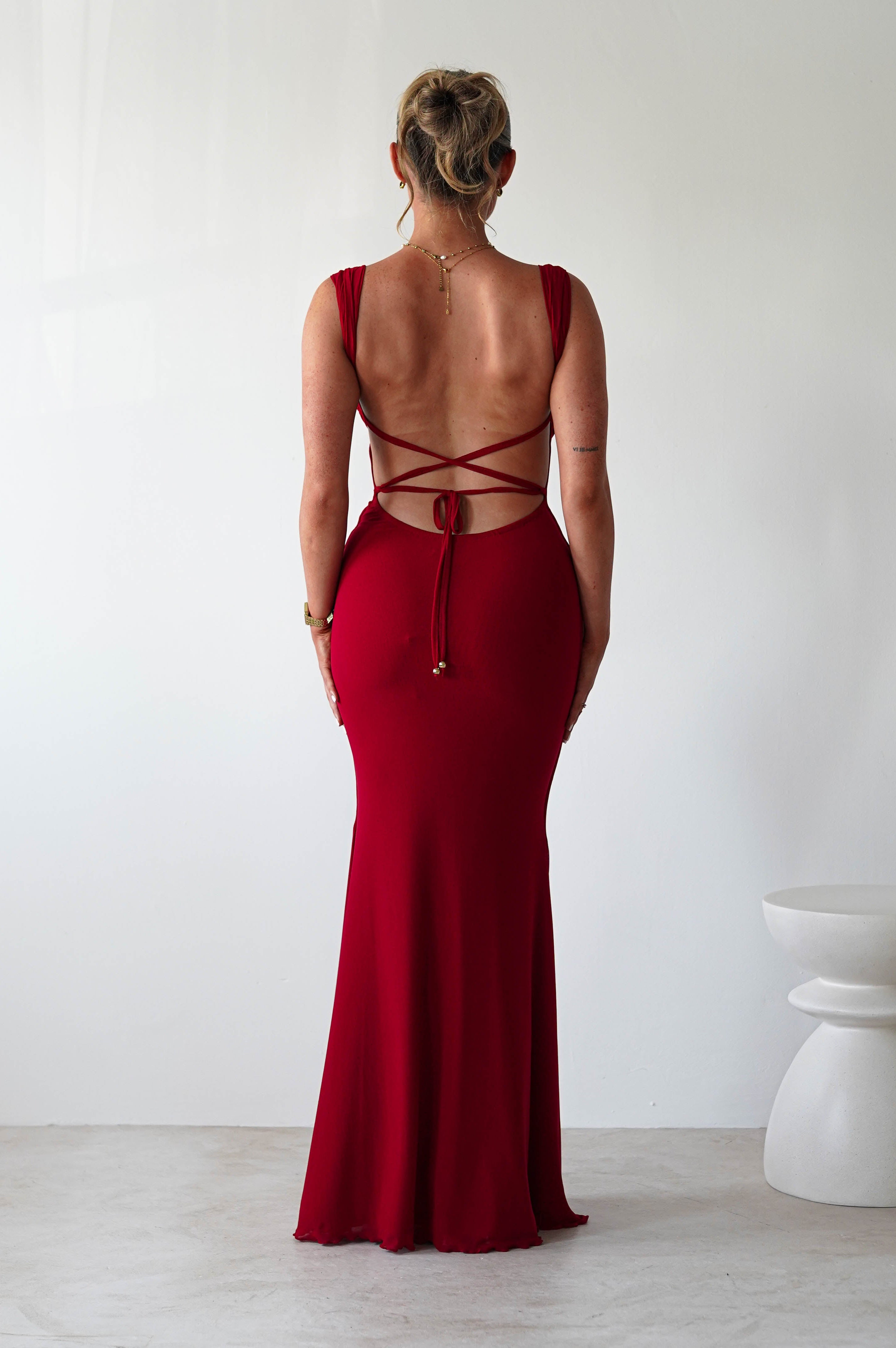 Sky Stretchy Mesh Backless Maxi Dress | Dark Red | Oh Hello Clothing | XS (6)