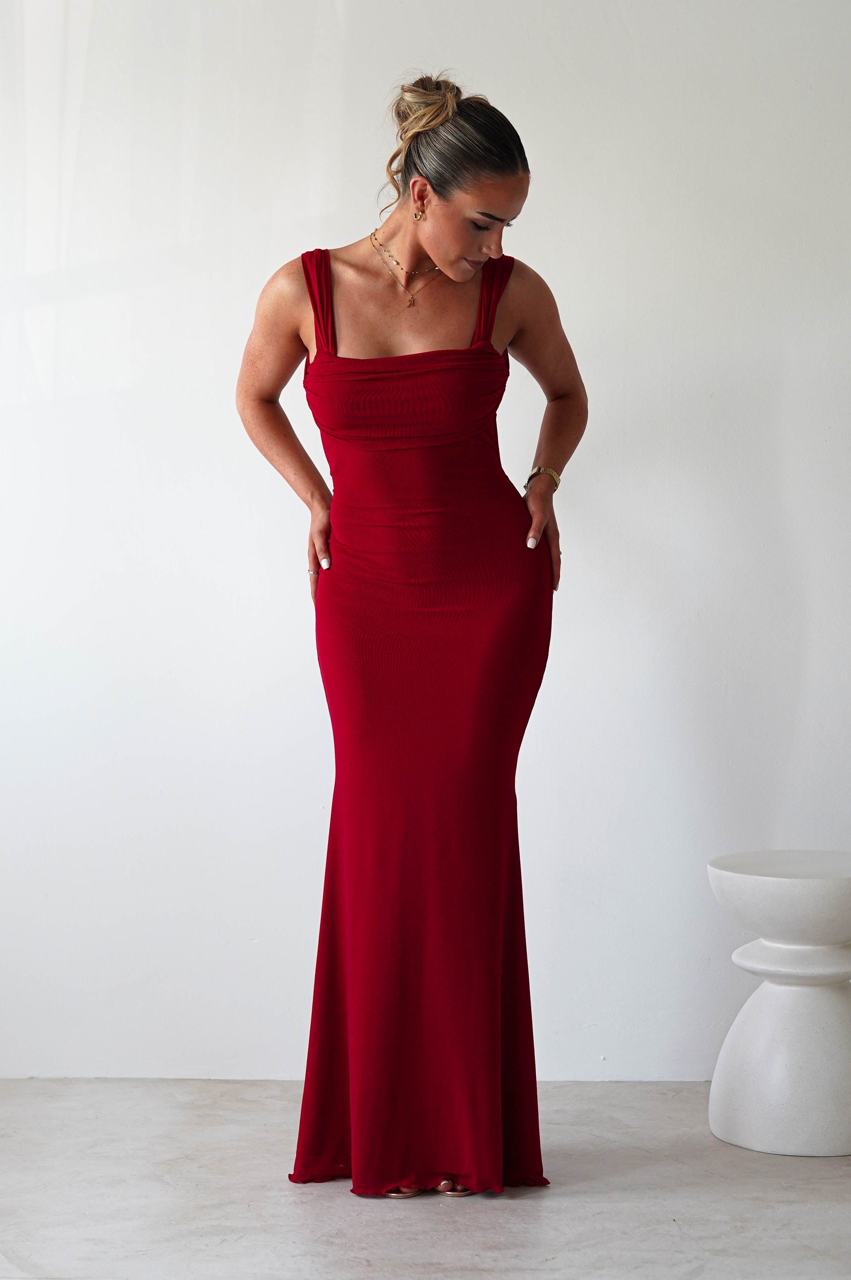 Sky Stretchy Mesh Backless Maxi Dress | Dark Red | Oh Hello Clothing | XS (6)