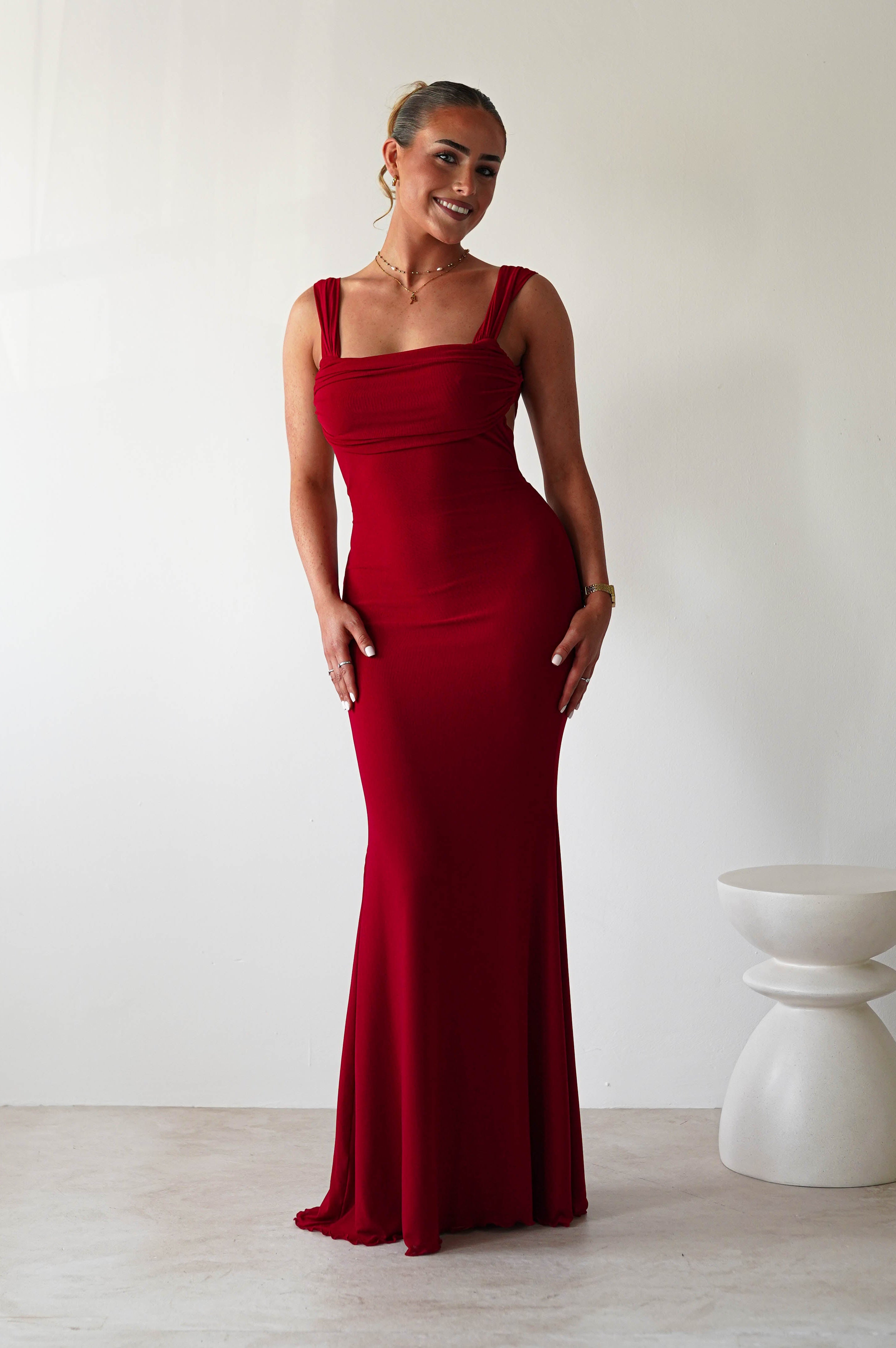 Sky Stretchy Mesh Backless Maxi Dress | Dark Red | Oh Hello Clothing | XS (6)