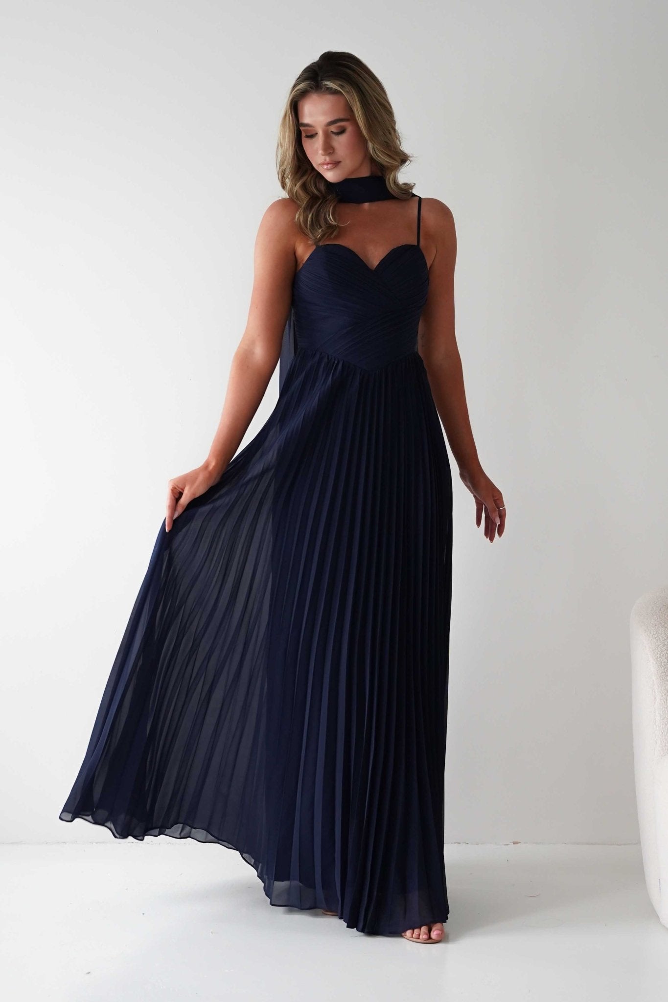 Sonia Pleated Scarf detail Maxi Dress | Navy | Oh Hello Clothing | S (8)
