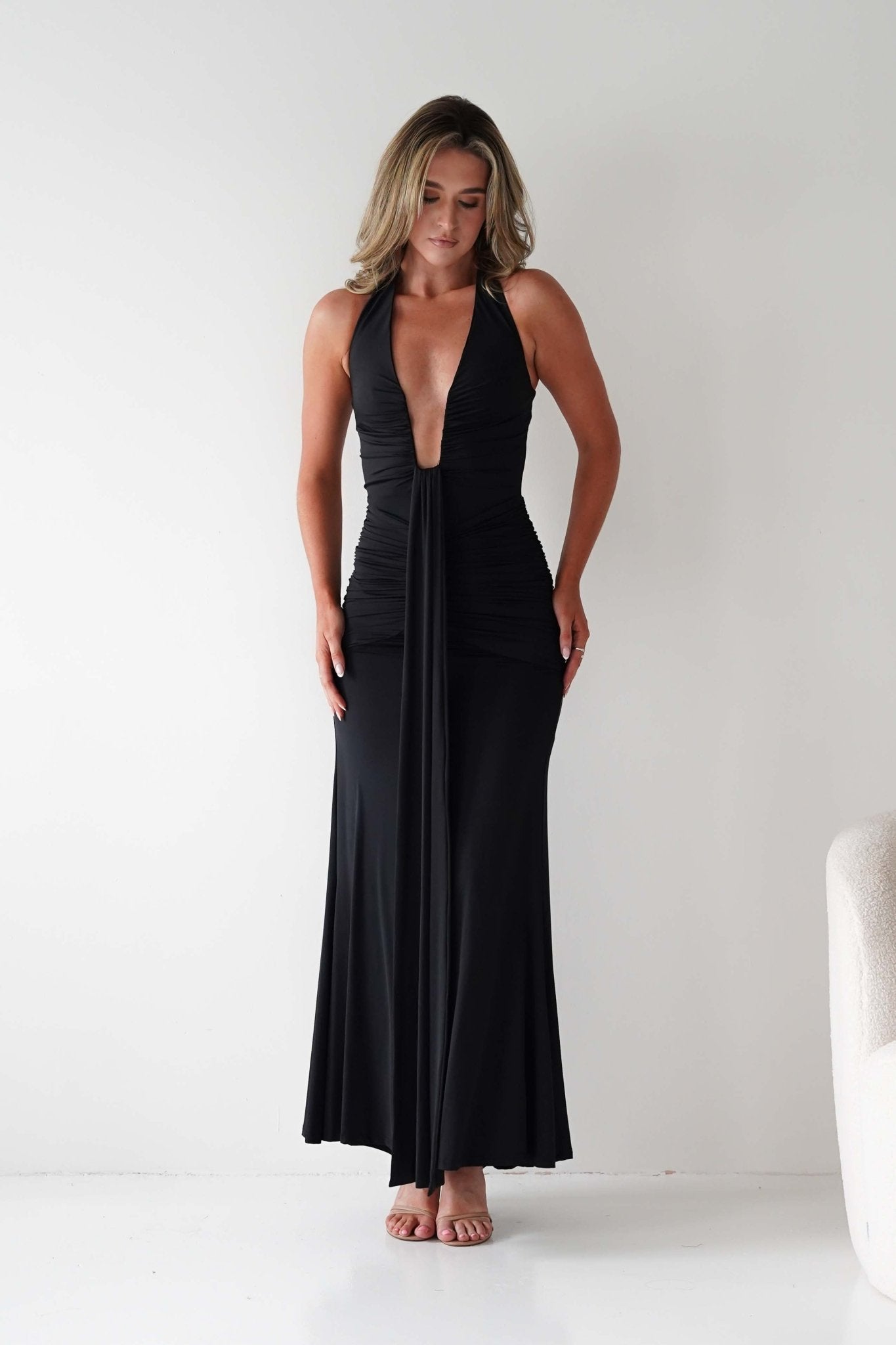 Sophia Low Cut Bodycon Maxi Dress | Black | Oh Hello Clothing | S (8)