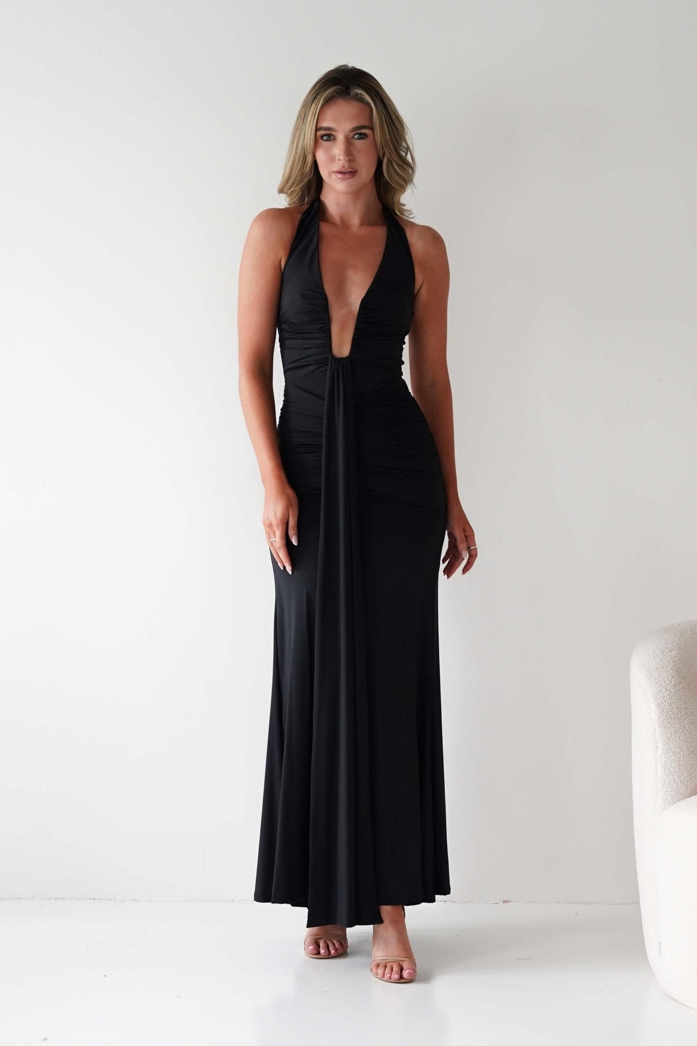Sophia Low Cut Bodycon Maxi Dress | Black | Oh Hello Clothing | S (8)