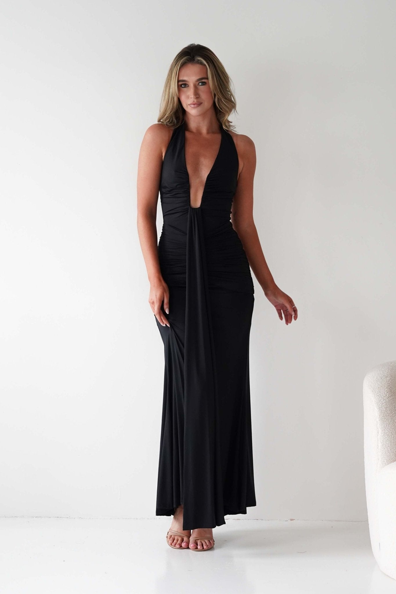 Sophia Low Cut Bodycon Maxi Dress | Black | Oh Hello Clothing | S (8)
